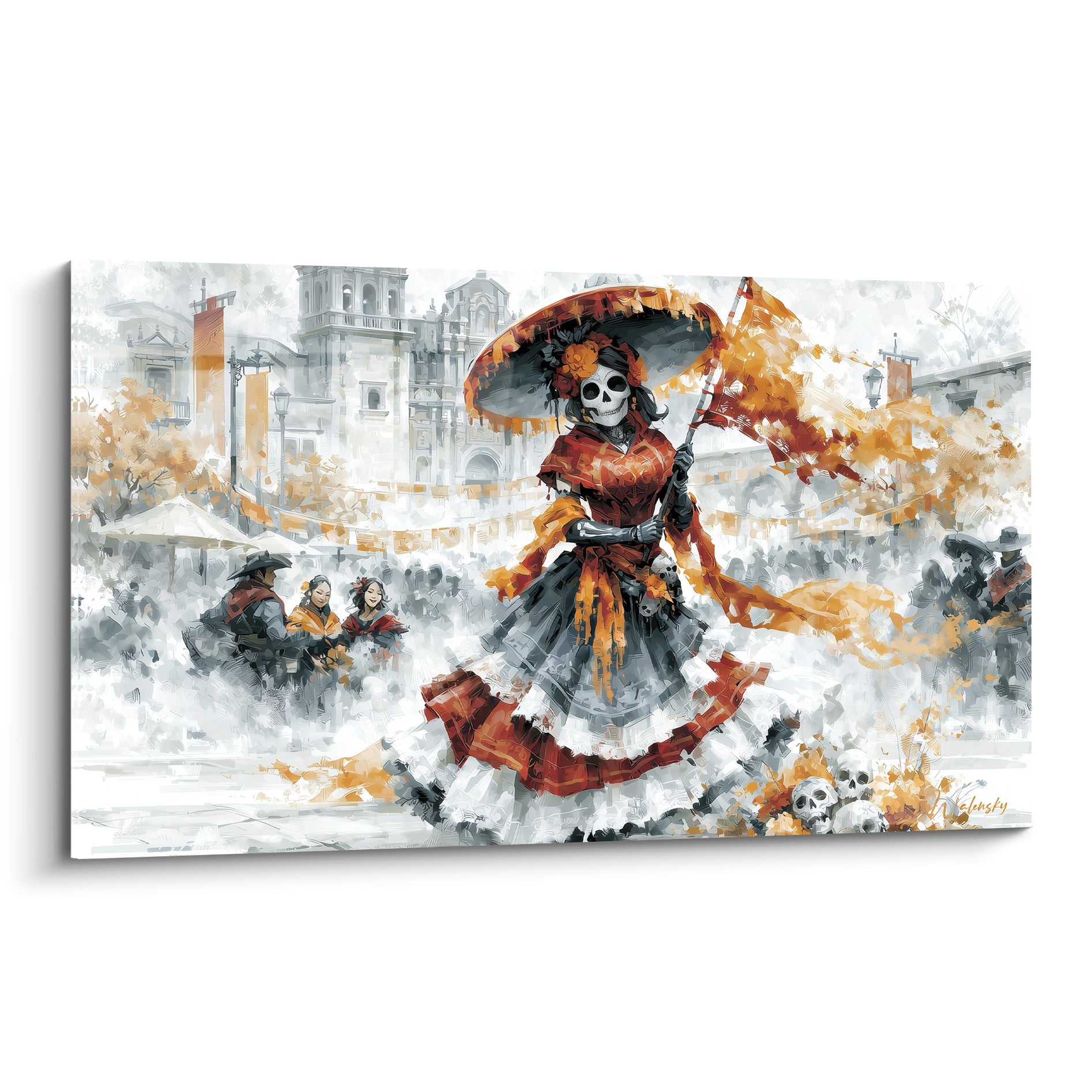 Catrina en robe rouge et sombrero orangé, scène urbaine grise, tableau Dia de los Muertos