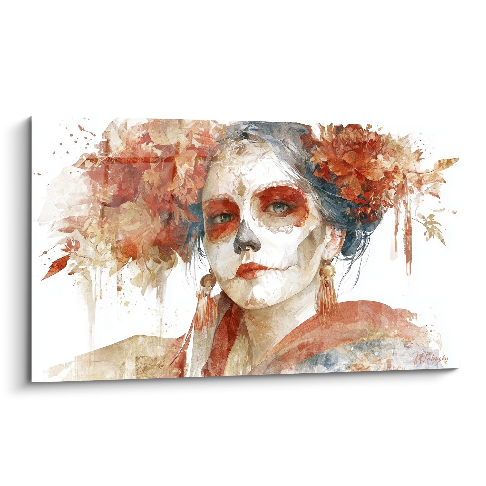 Catrina Dia de los Muertos au visage blanc et fleurs terracotta en aquarelle expressive