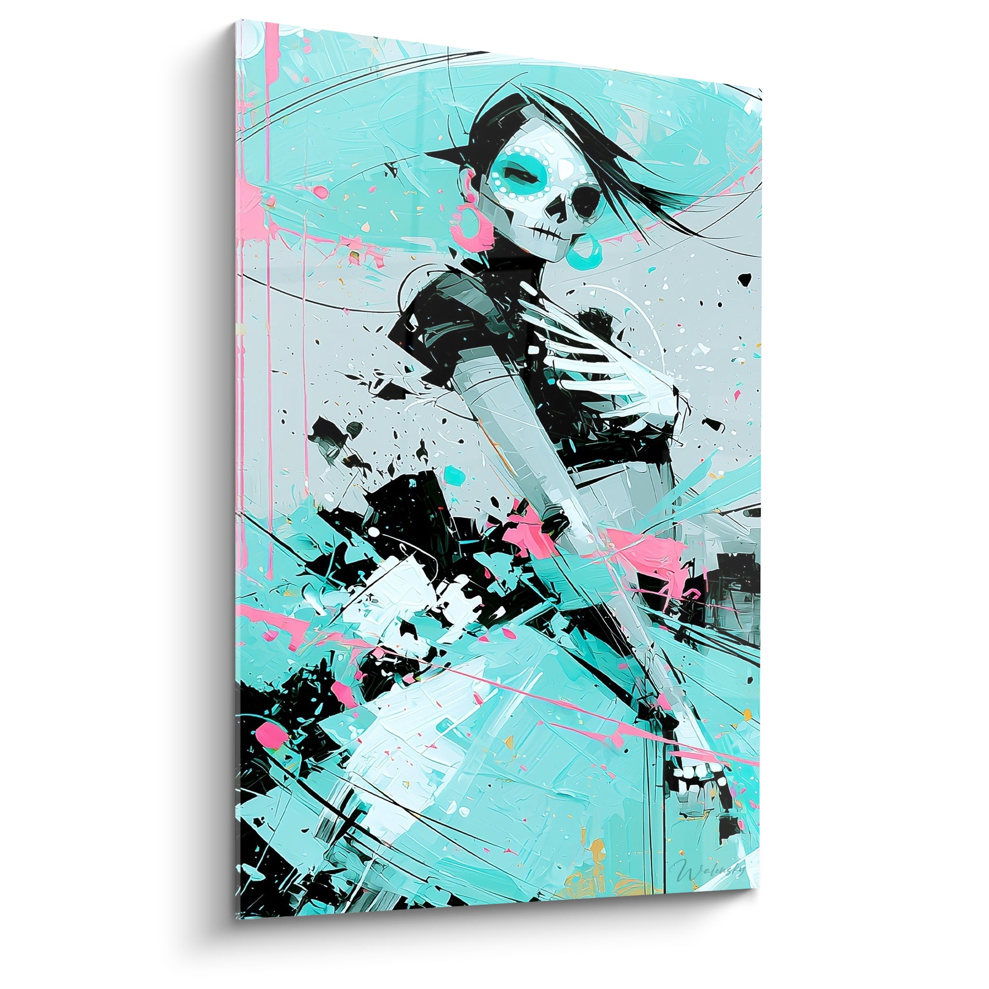 Catrina turquoise et rose fuchsia, visage squelettique peint style éclaboussé énergique