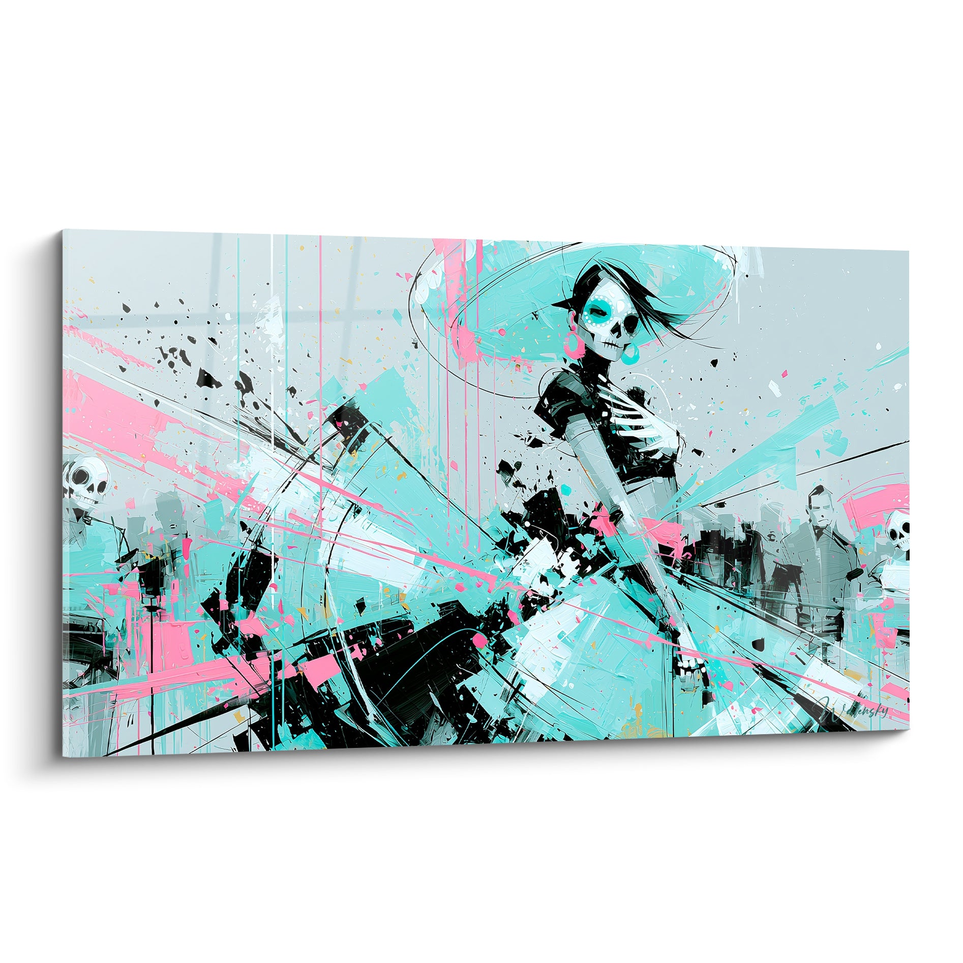 Catrina turquoise et rose fuchsia en pleine explosion graphique, tableau Dia de los Muertos éclaté