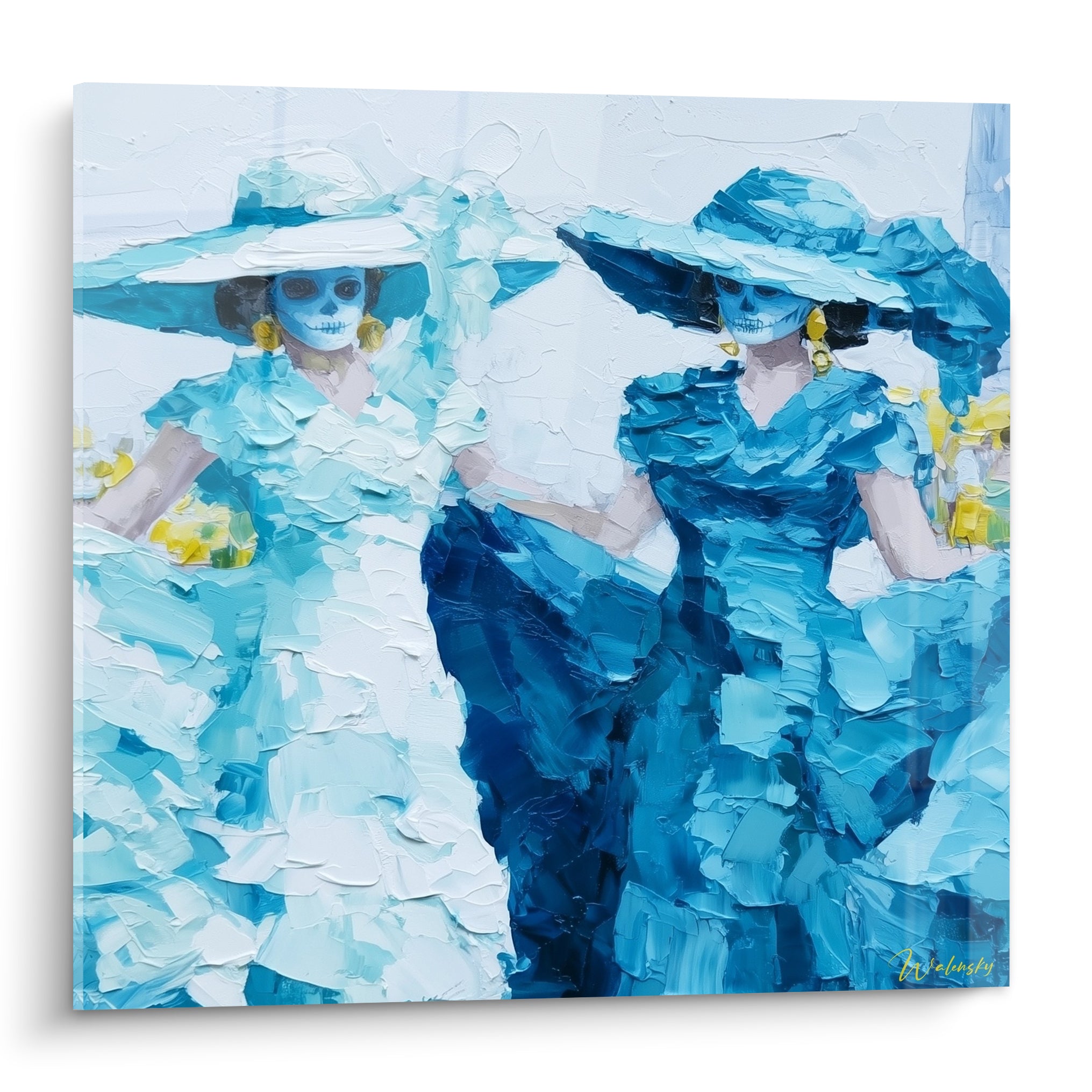 Catrinas en bleu marine et turquoise, chapeaux larges, peinture texturée au couteau, Dia de los Muertos