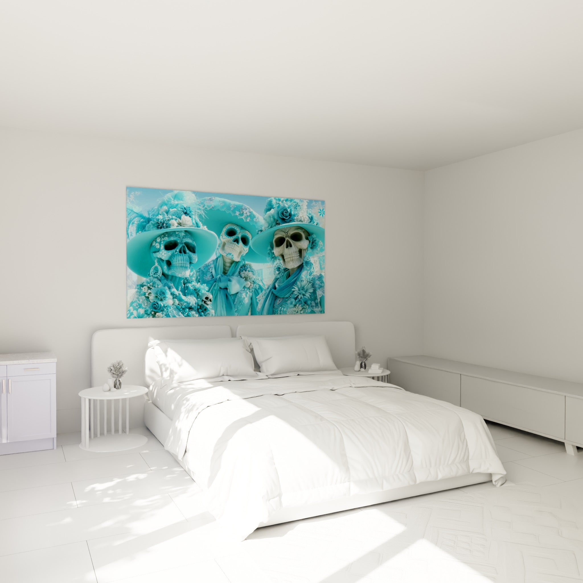 Crânes turquoise et blanc Dia de los Muertos parés de dentelle, au-dessus d'un lit dans une chambre claire