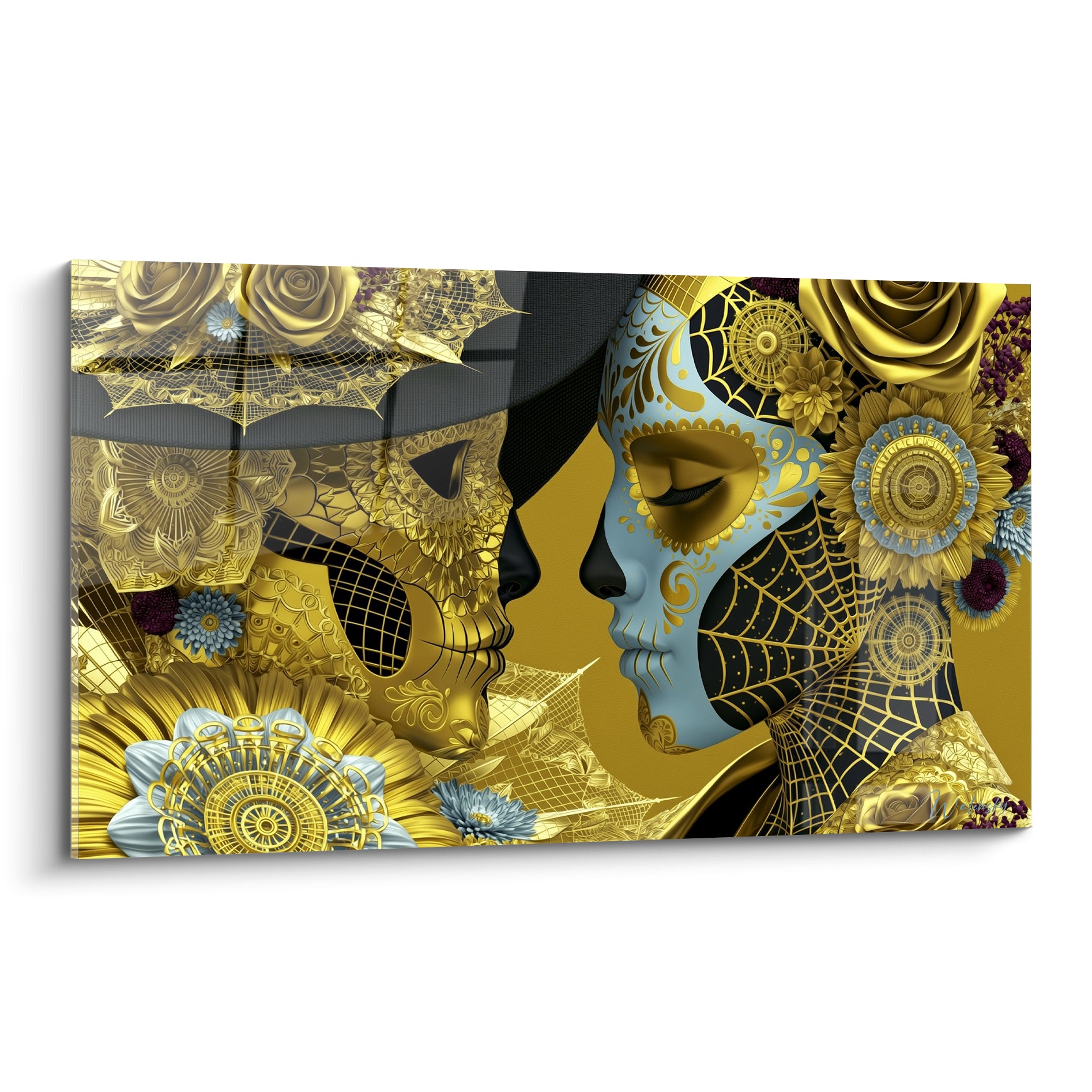 Deux catrinas dorées et bleu pastel se font face parmi fleurs et toiles d'araignée