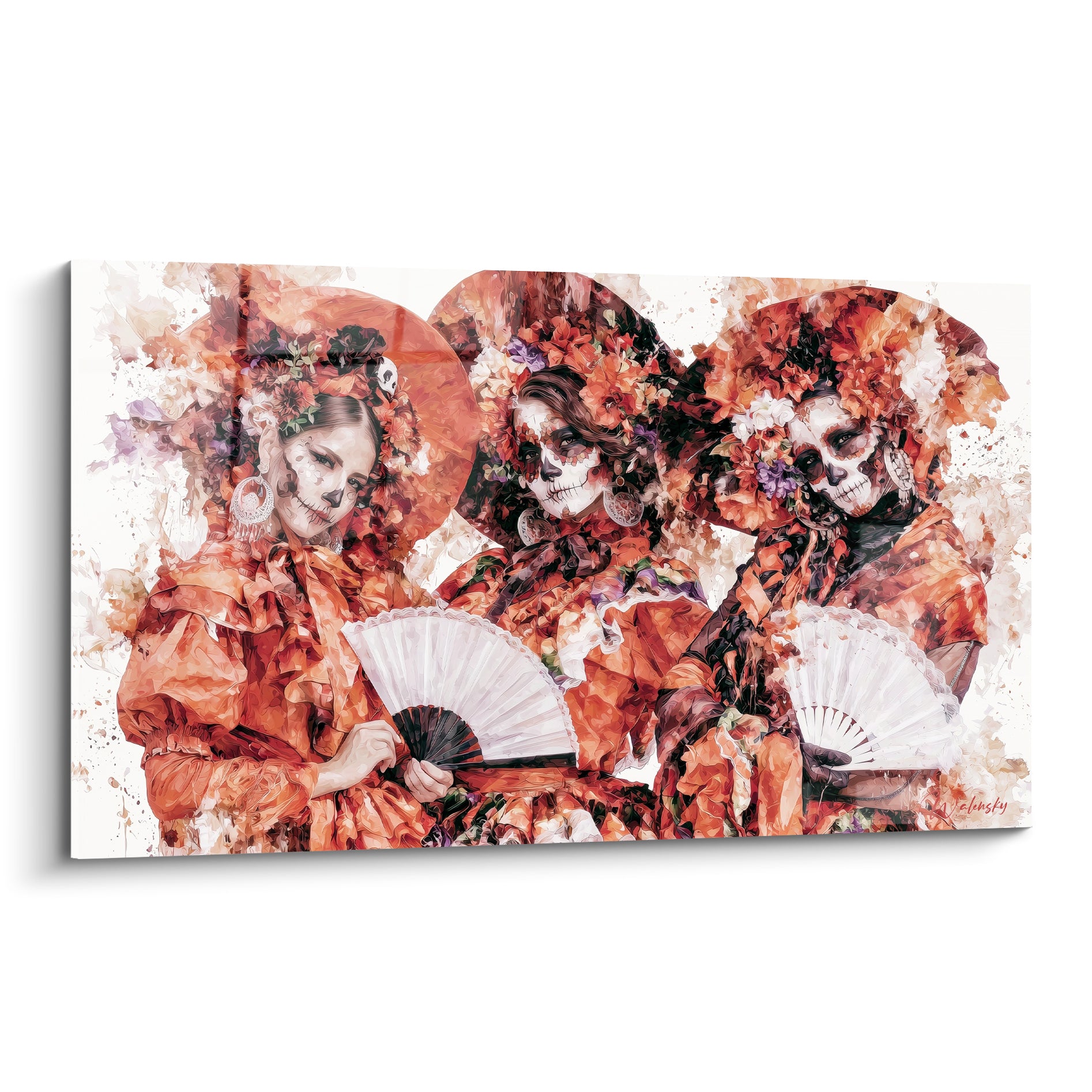 Trois catrinas orange et blanches aux coiffes fleuries composent ce tableau Dia de los Muertos peint