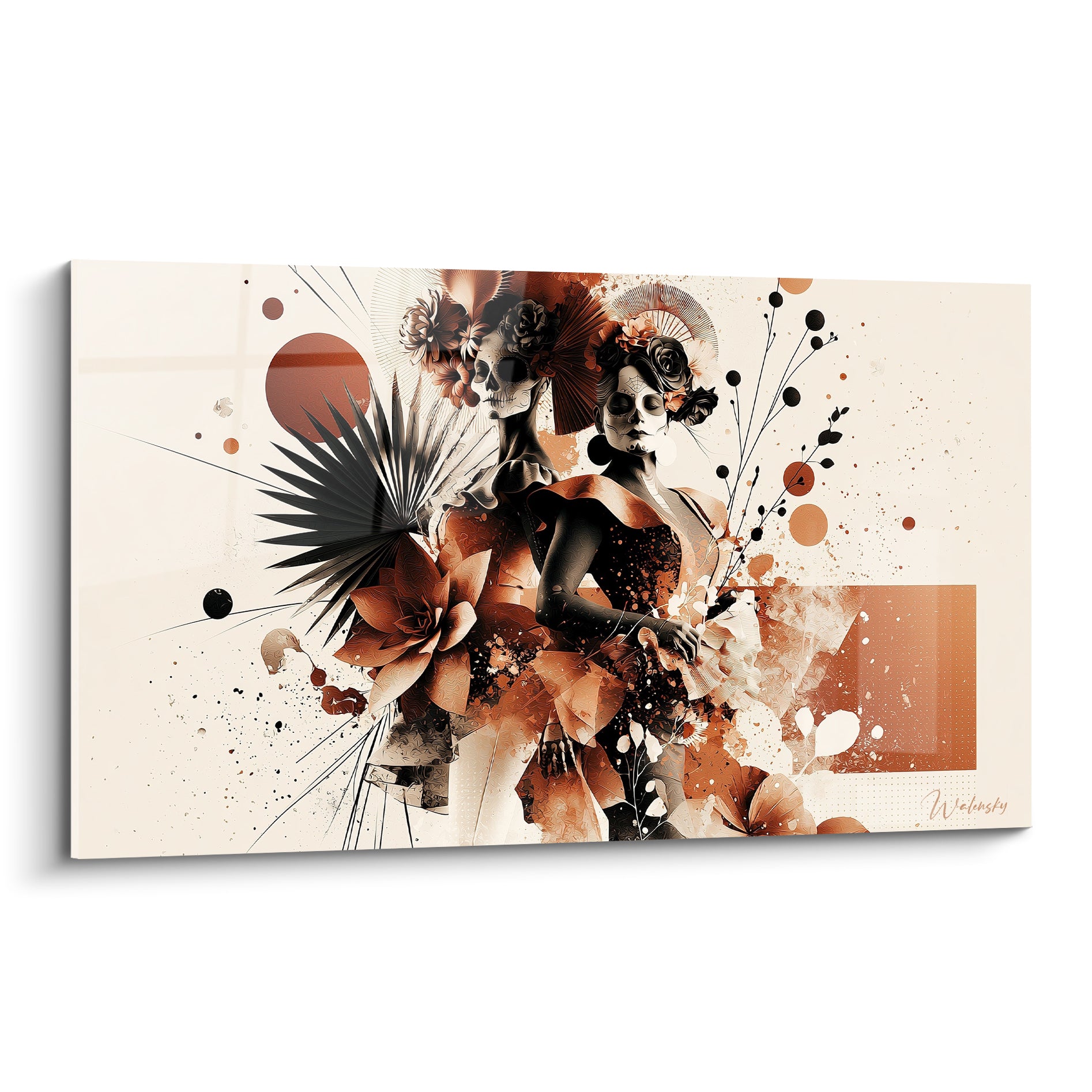 Catrinas fleuries en terracotta et anthracite, éclaboussures et pétales de papier, tableau Dia de los Muertos