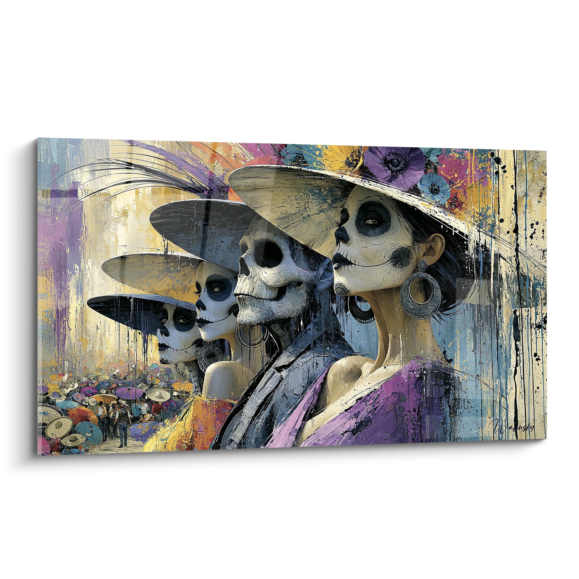 Catrinas en profil, violet et doré, chapeaux fleuris, maquillage crâne, style Dia de los Muertos expressif