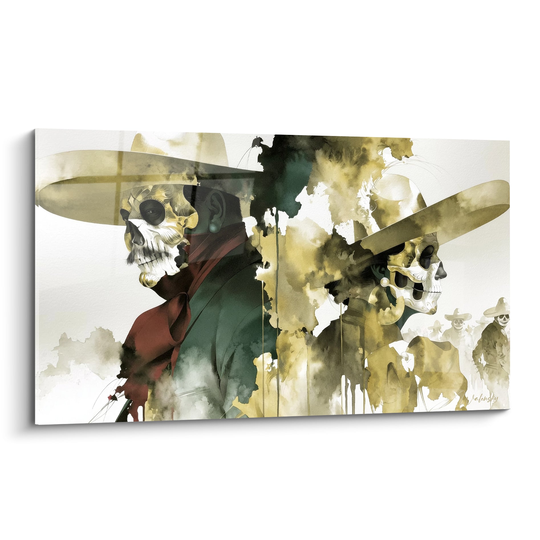Cavaliers masqués en crânes peints, chapeau doré, manteau vert sauge et foulard bordeaux, aquarelle Dia de los Muertos