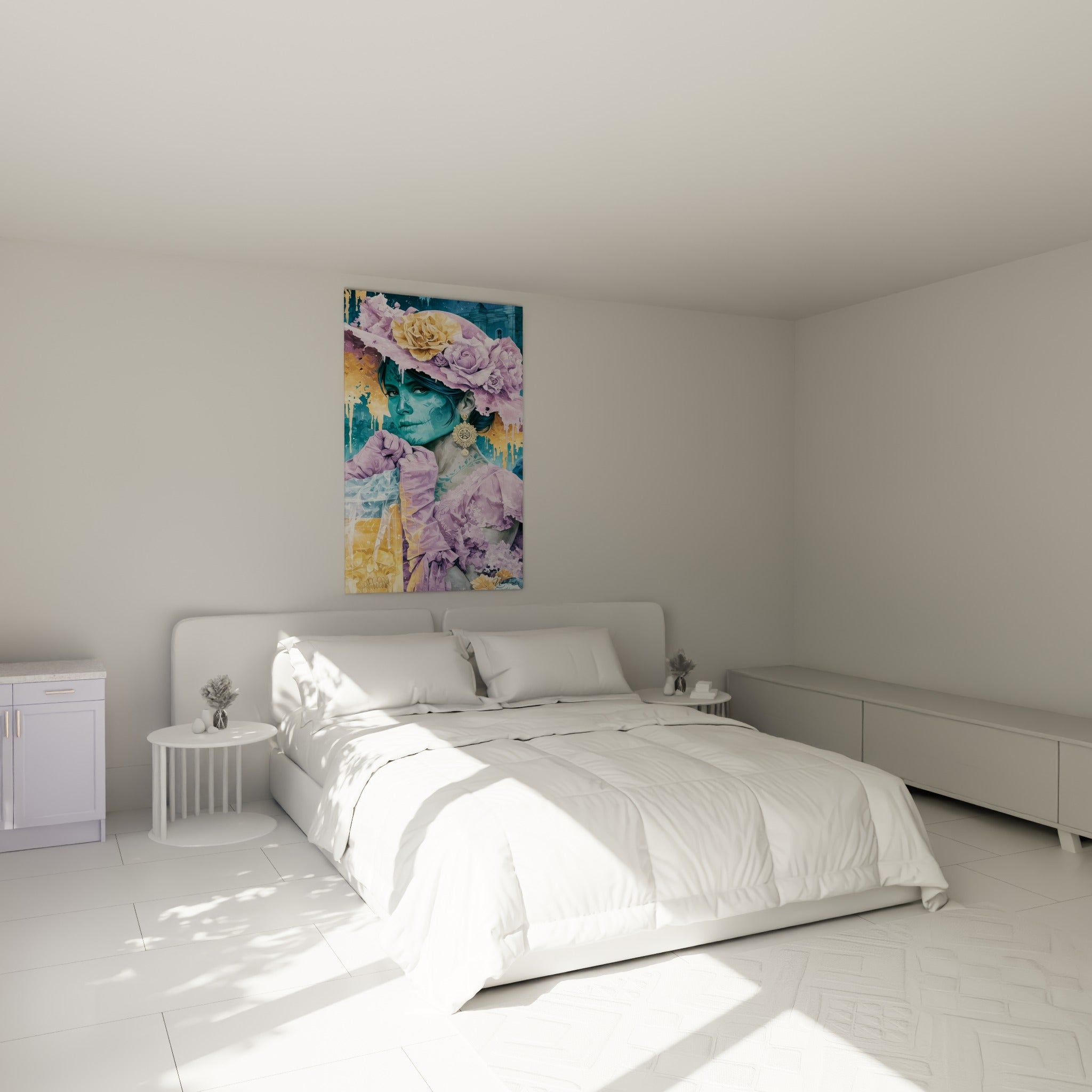 Portrait Dia de los Muertos aux tons lilas et dorés, accroché au-dessus d'un lit dans une chambre claire