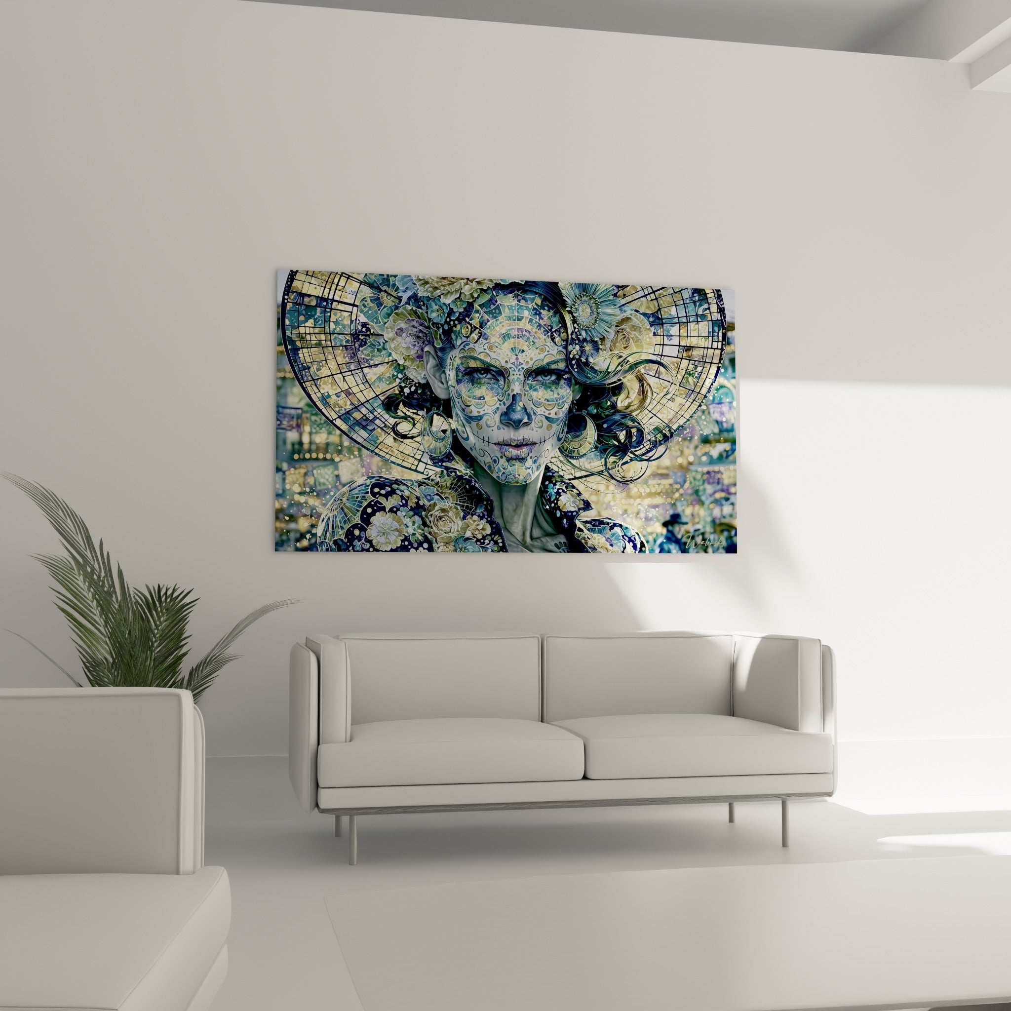 Couronne fleurie dorée sur fond bleu nuit, œuvre du Dia de los Muertos suspendue au-dessus d'un canapé dans un salon lumineux