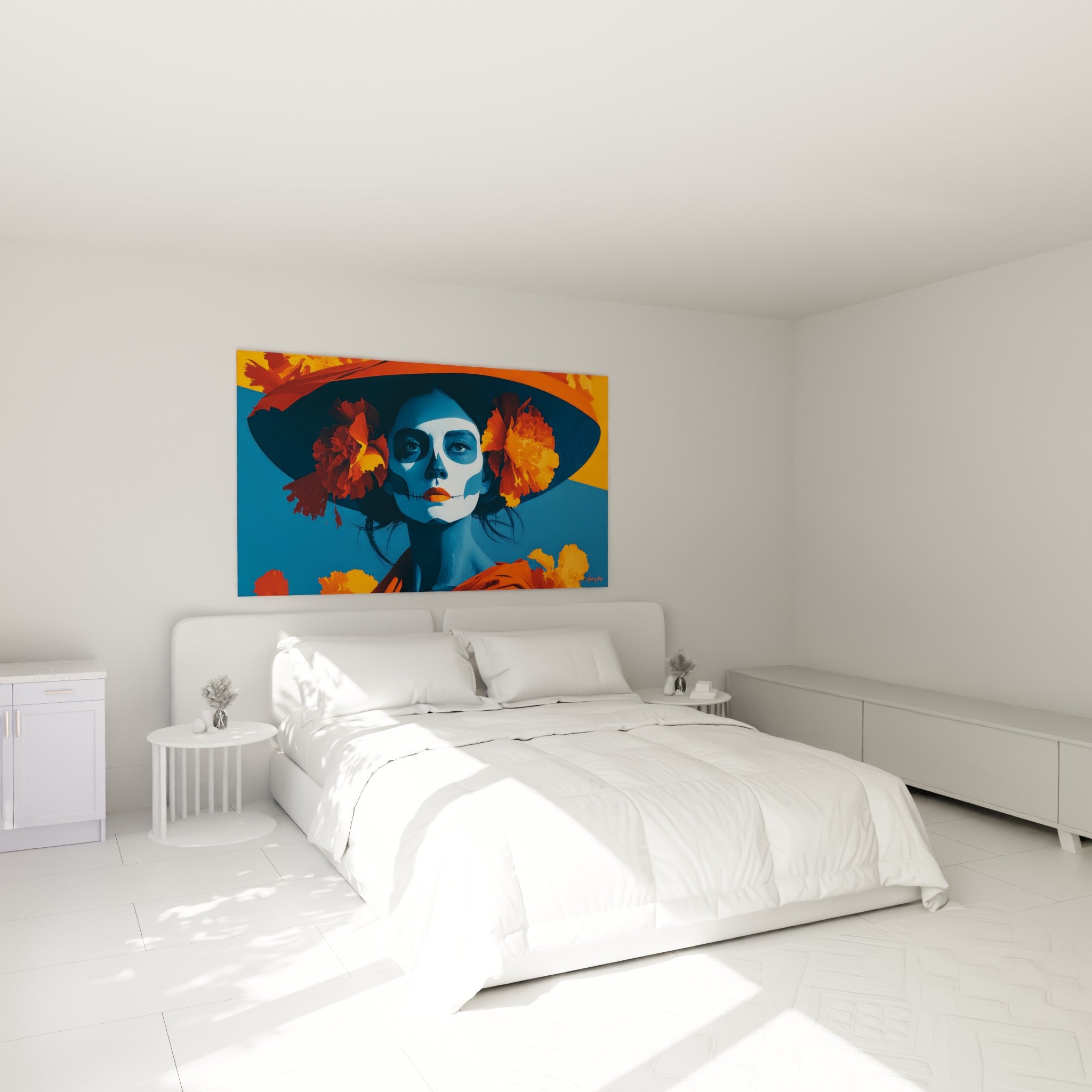 Catrina bleu marine et orange, fleurs vibrantes sur chapeau large, accrochée au-dessus d'un lit dans une chambre claire