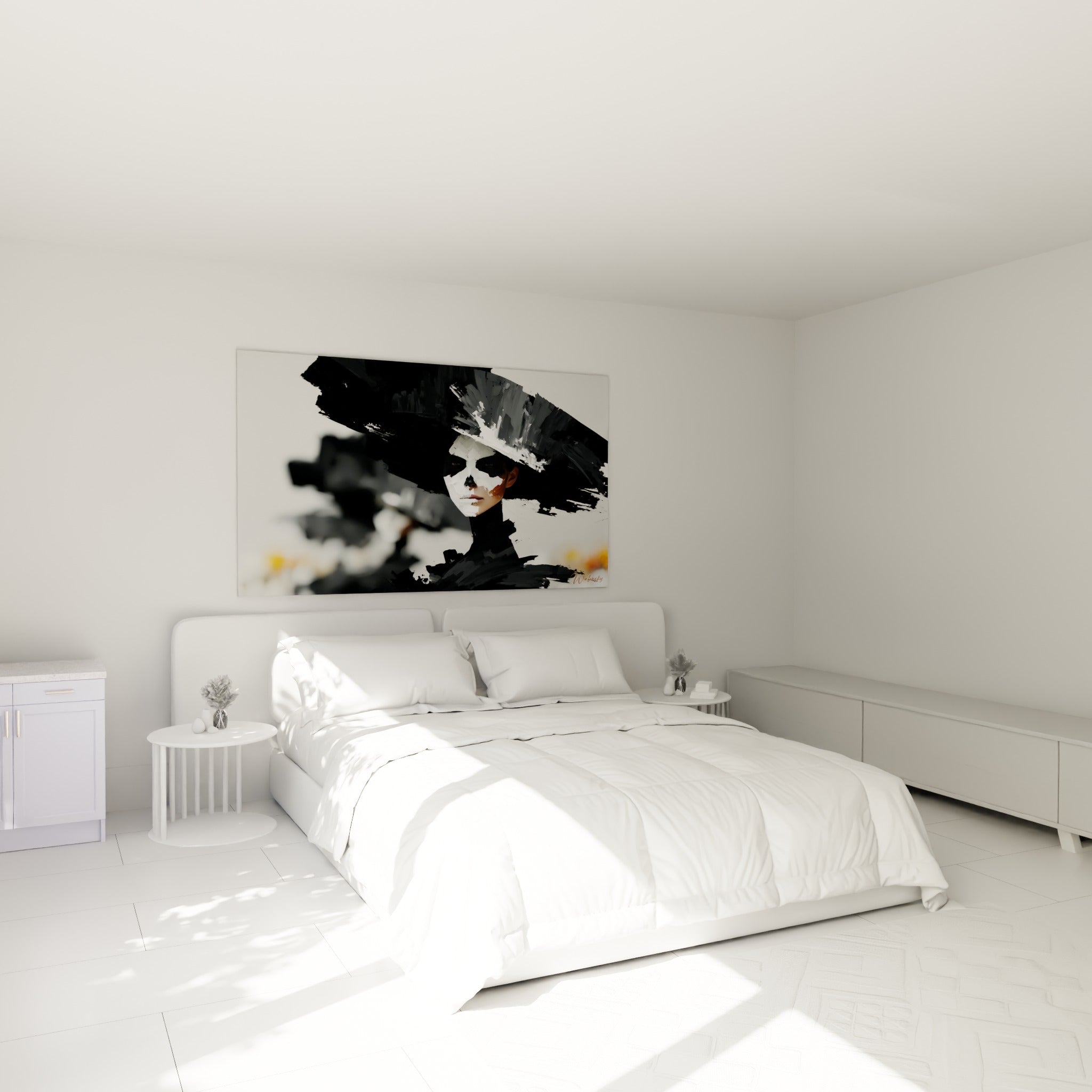 Portrait Dia de los Muertos aux tons noir et blanc, accroché au-dessus d'un lit dans une chambre claire