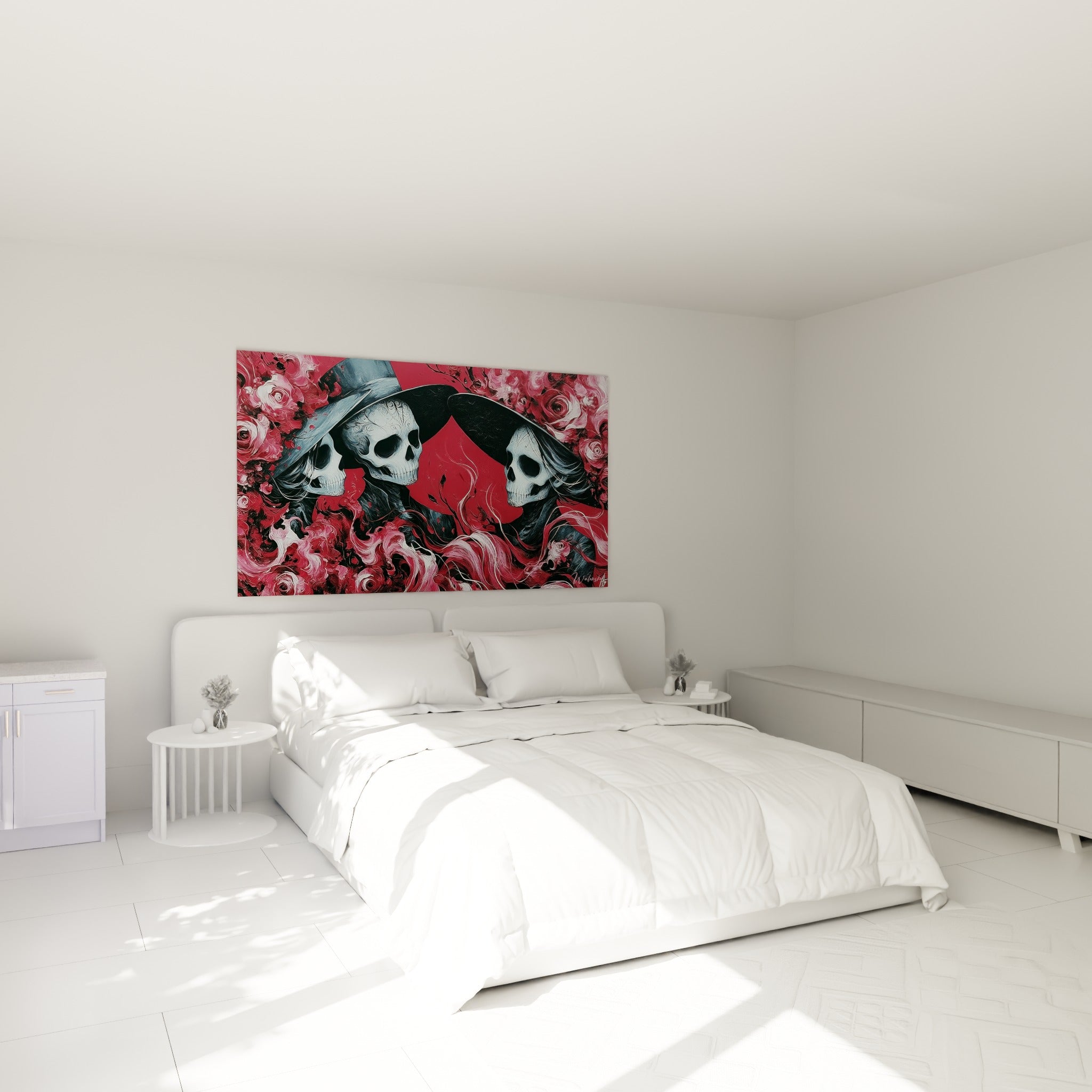 Crânes Dia de los Muertos aux teintes rouge sombre et anthracite, au-dessus d'un lit dans une chambre claire