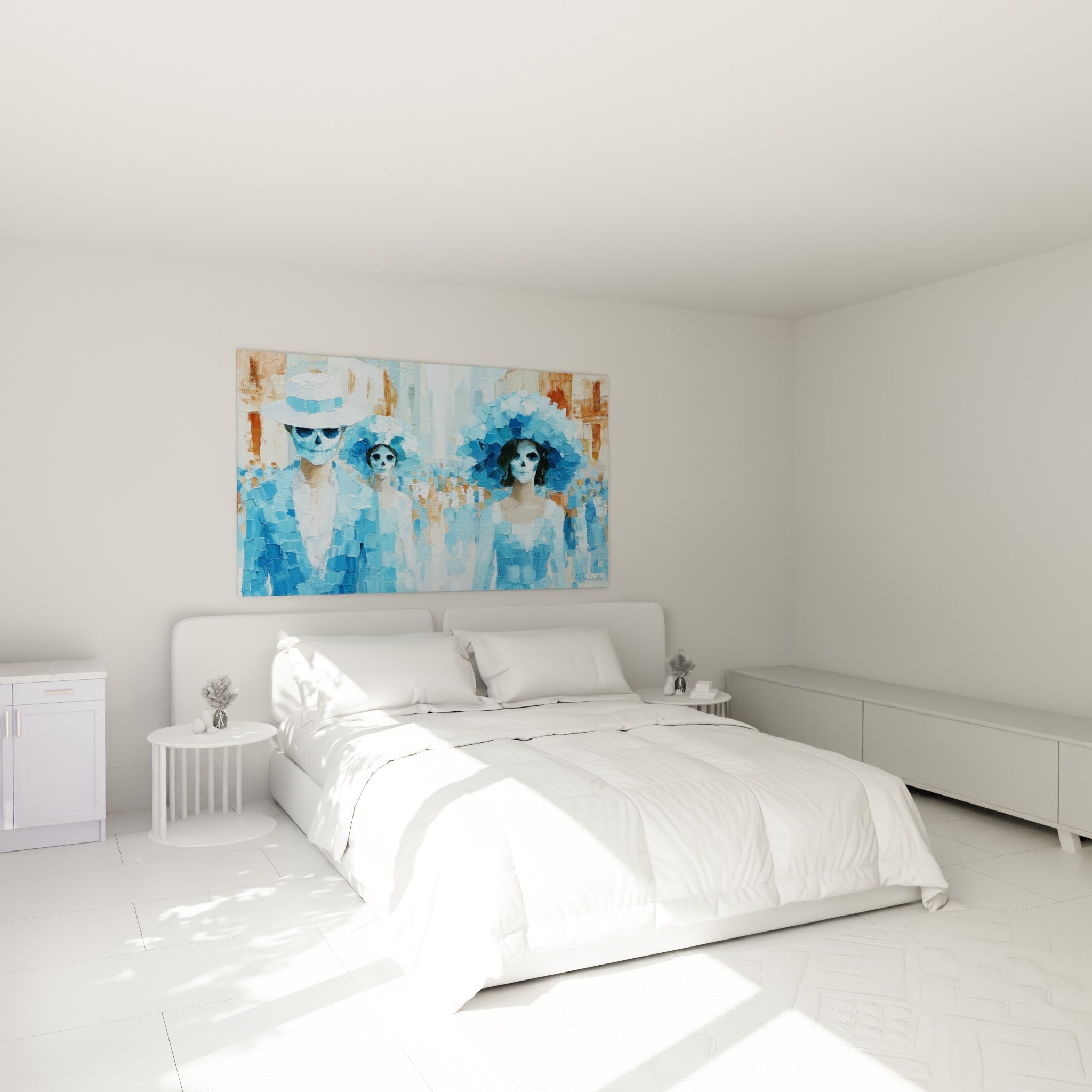 Cortège de squelettes vêtus de bleu marine et blanc accroché au-dessus d'un lit dans une chambre claire
