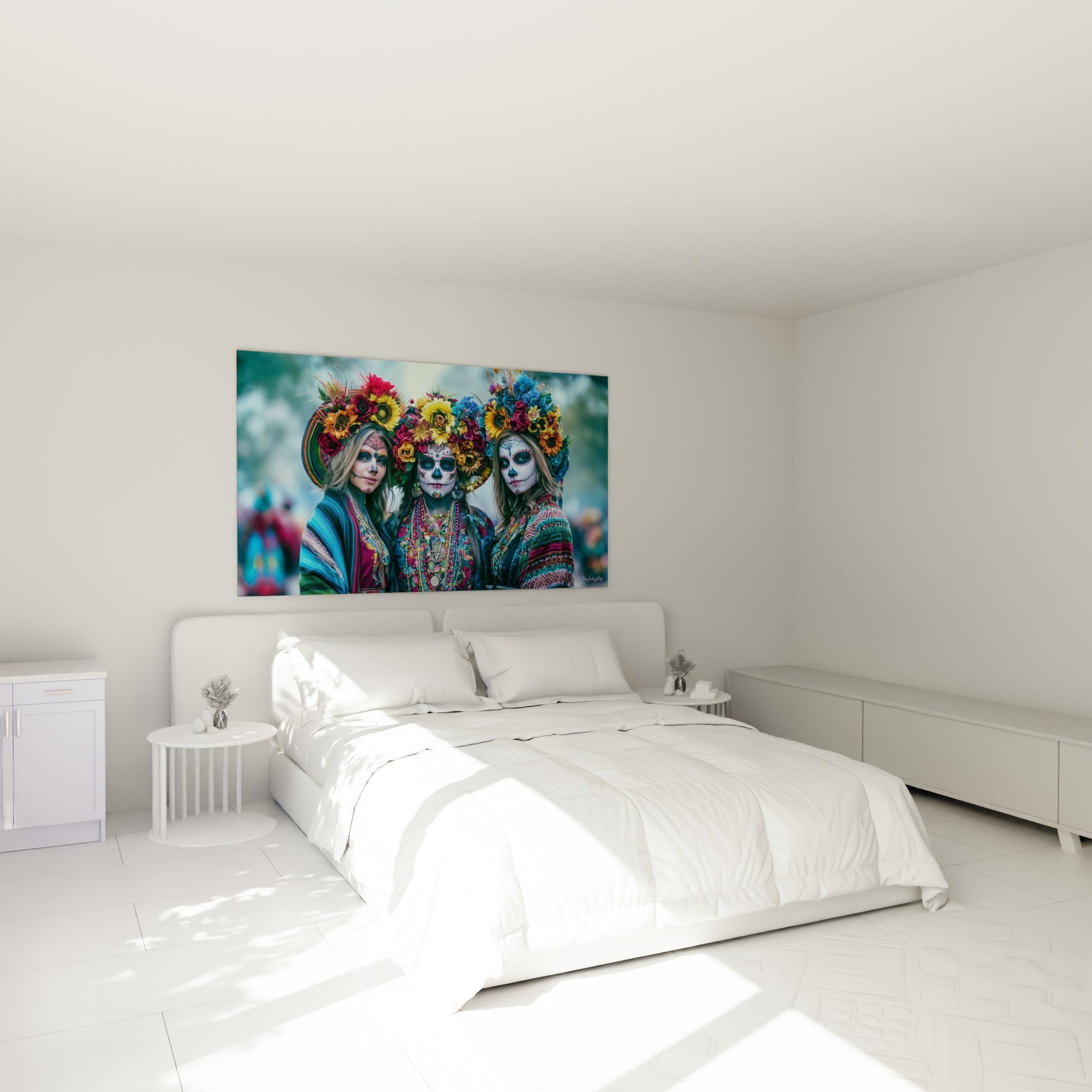 Coiffes florales jaune sunflower et bleu turquoise sur trois visages calavera, au-dessus d'un lit dans une chambre claire