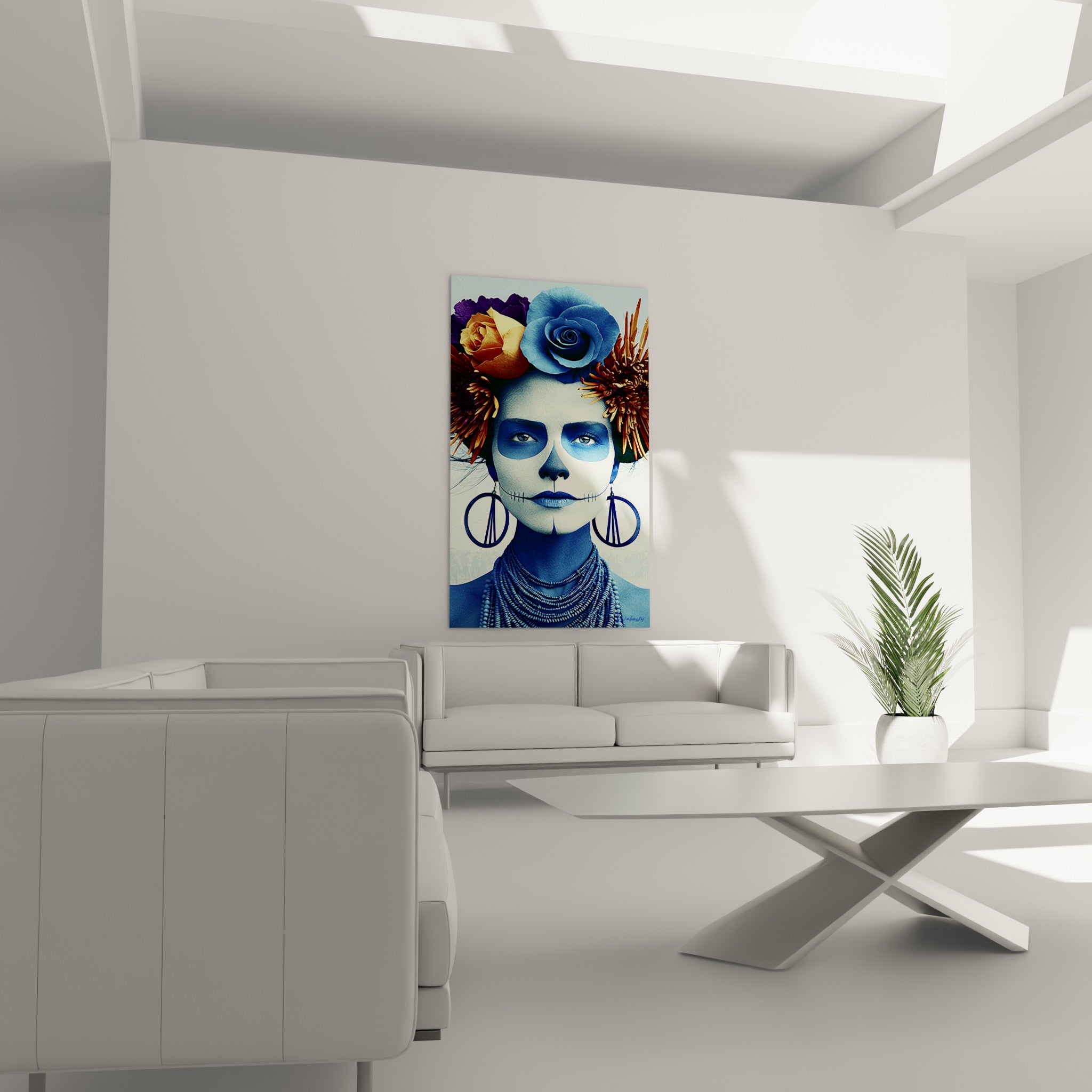 Regard intense et collier de perles bleues du Dia de los Muertos au-dessus d'un canapé dans un salon lumineux