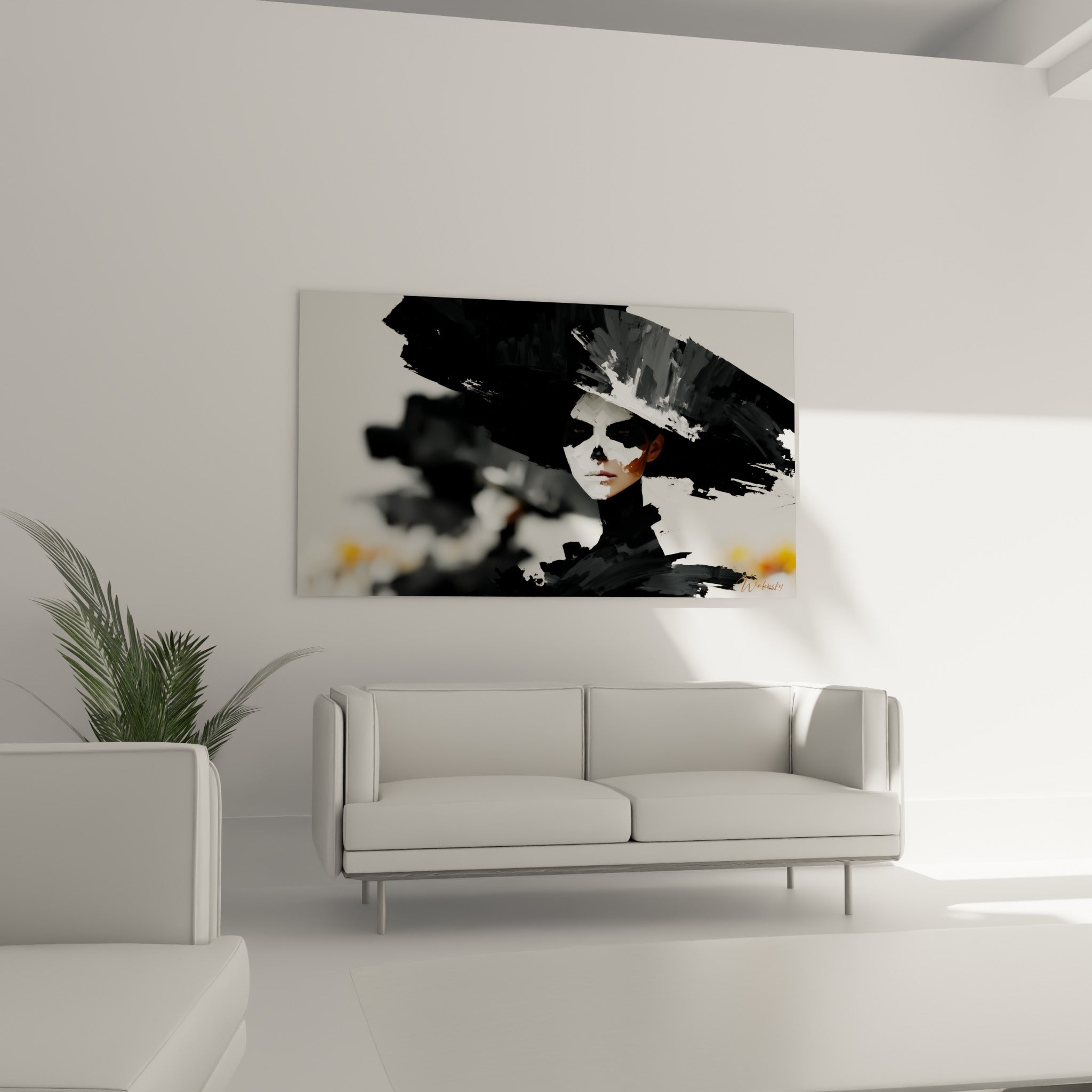 Visage peint Dia de los Muertos entre noir profond et blanc éclatant, au-dessus d'un canapé dans un salon lumineux