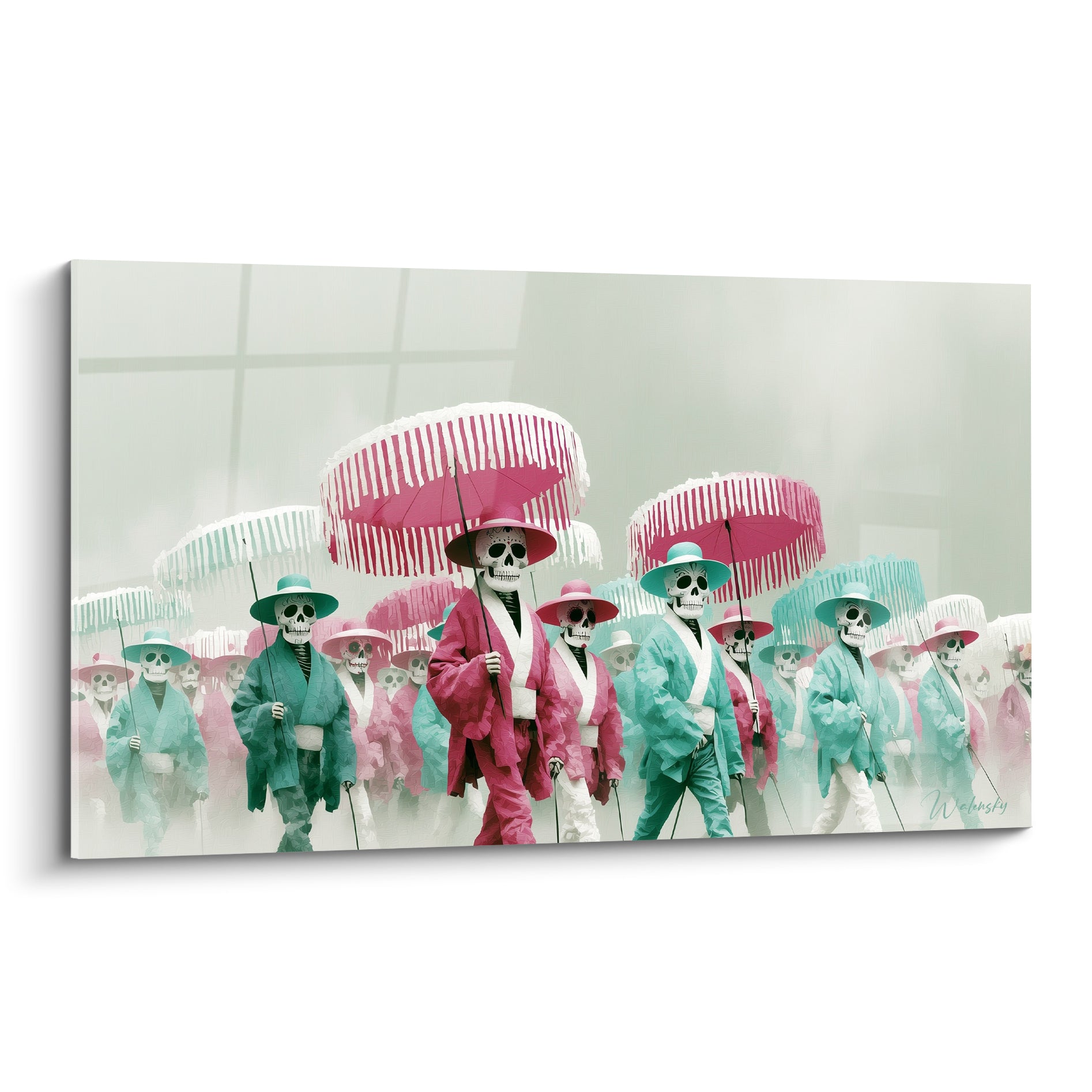 Squelettes en kimono rose et vert d'eau défilant sous des ombrelles roses, style Dia de los Muertos