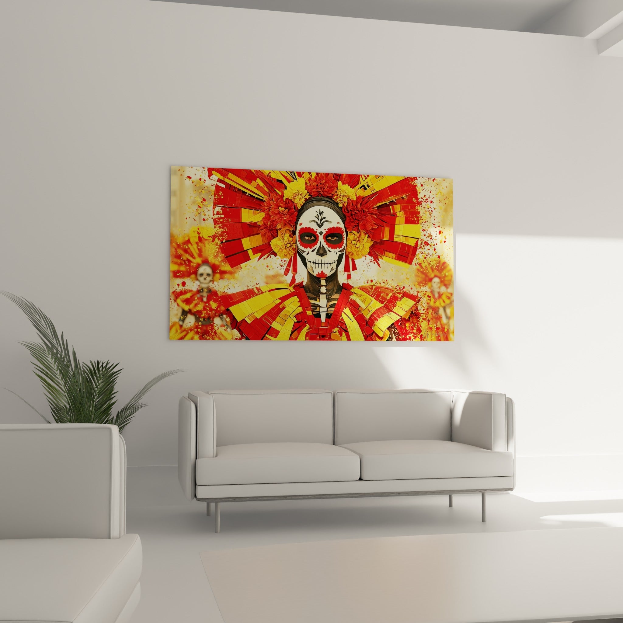 Costume rouge et jaune fragmenté de cette figure Dia de los Muertos, au-dessus d'un canapé dans un salon lumineux