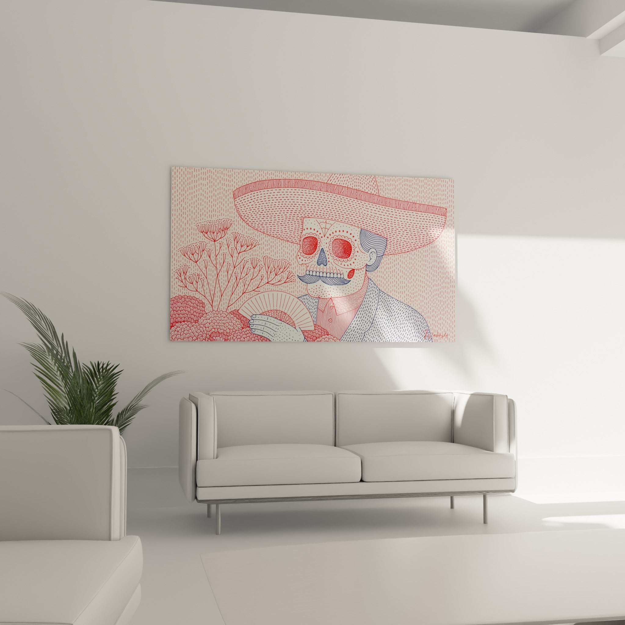 Personnage Dia de los Muertos au sombrero rose et costume bleu marine, au-dessus d'un canapé dans un salon lumineux
