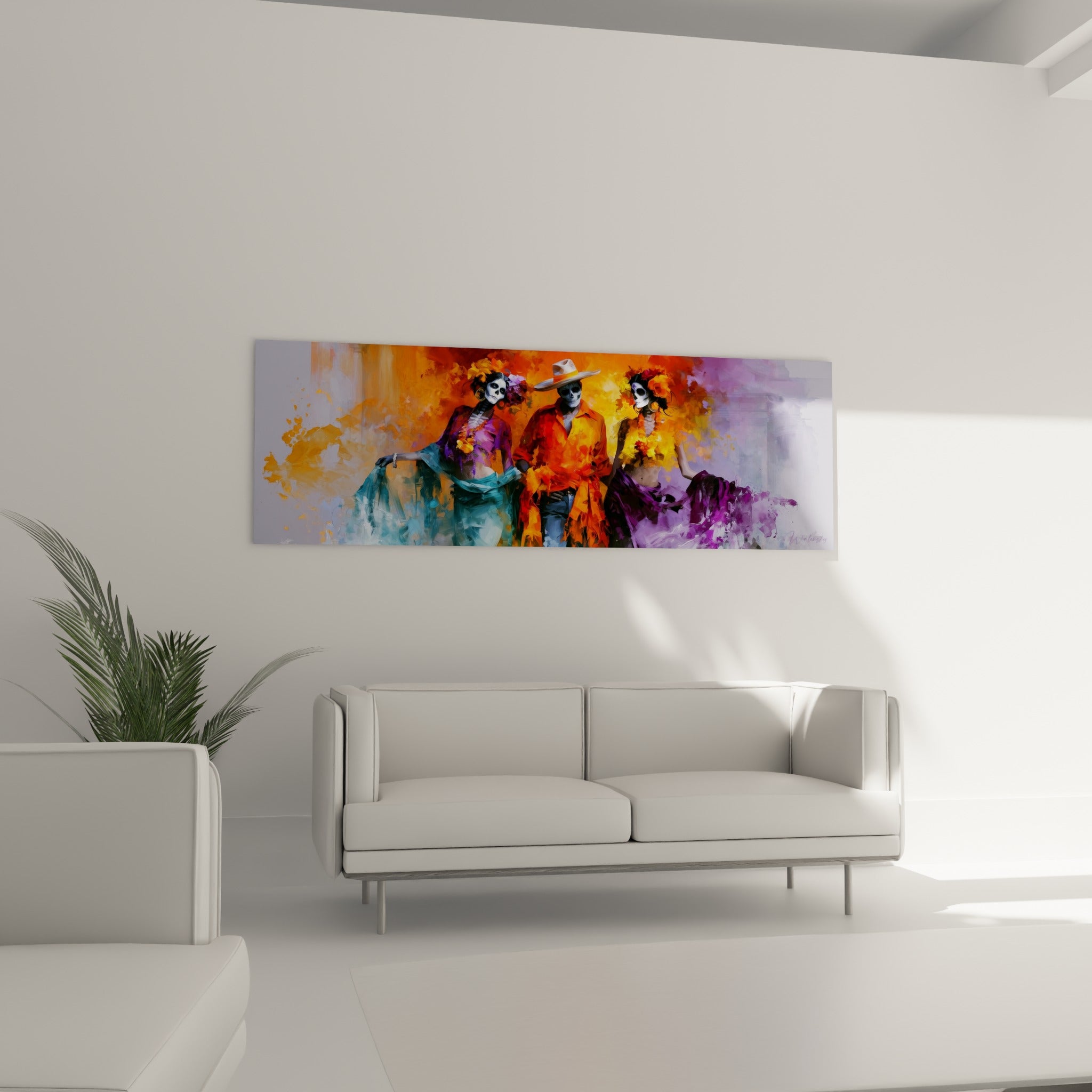 Personnages du Dia de los Muertos en orange incandescent et violet profond au-dessus d'un canapé dans un salon lumineux