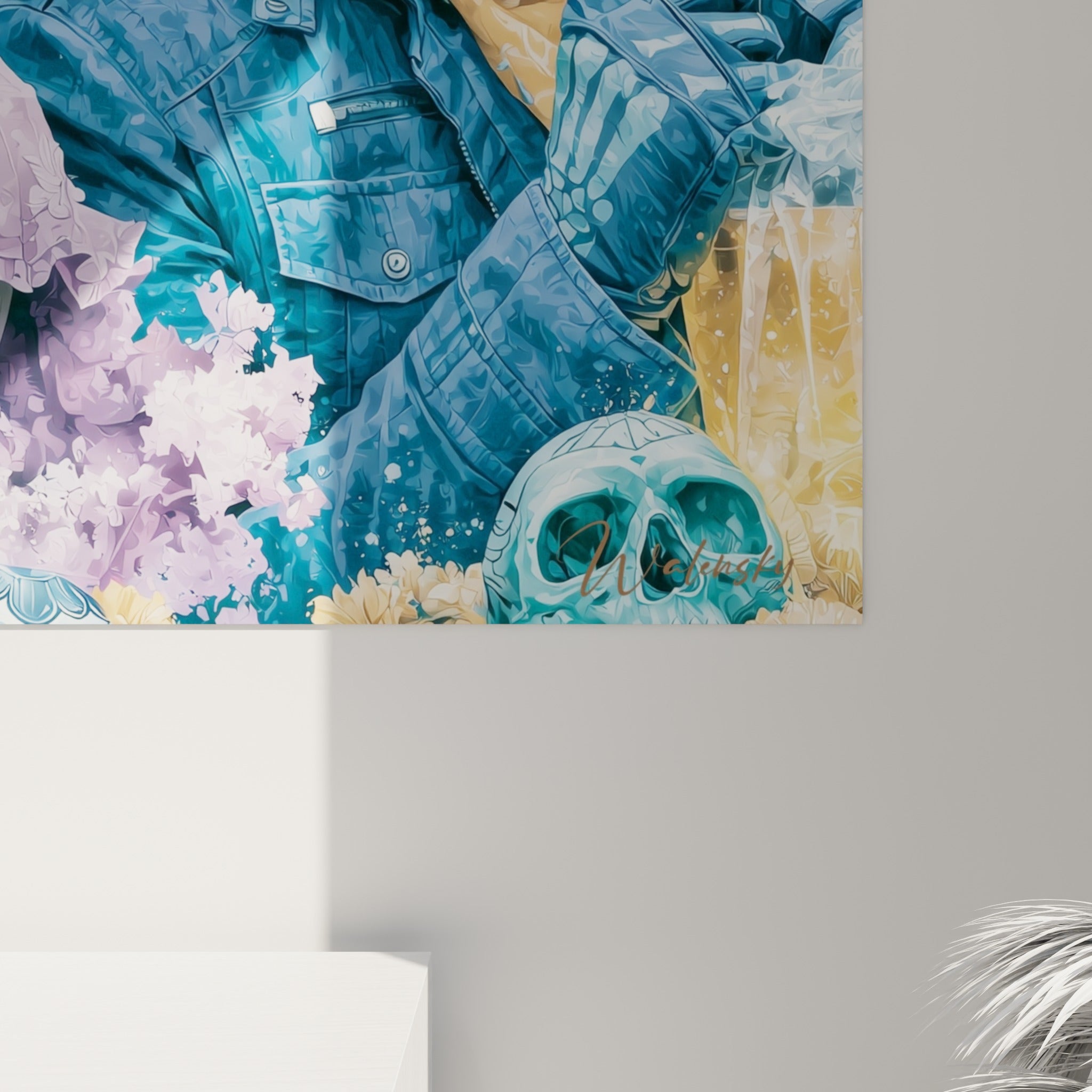 Détail du tableau Dia de los Muertos montrant les coulures dorées et le grain bleu pastel de la peinture numérique