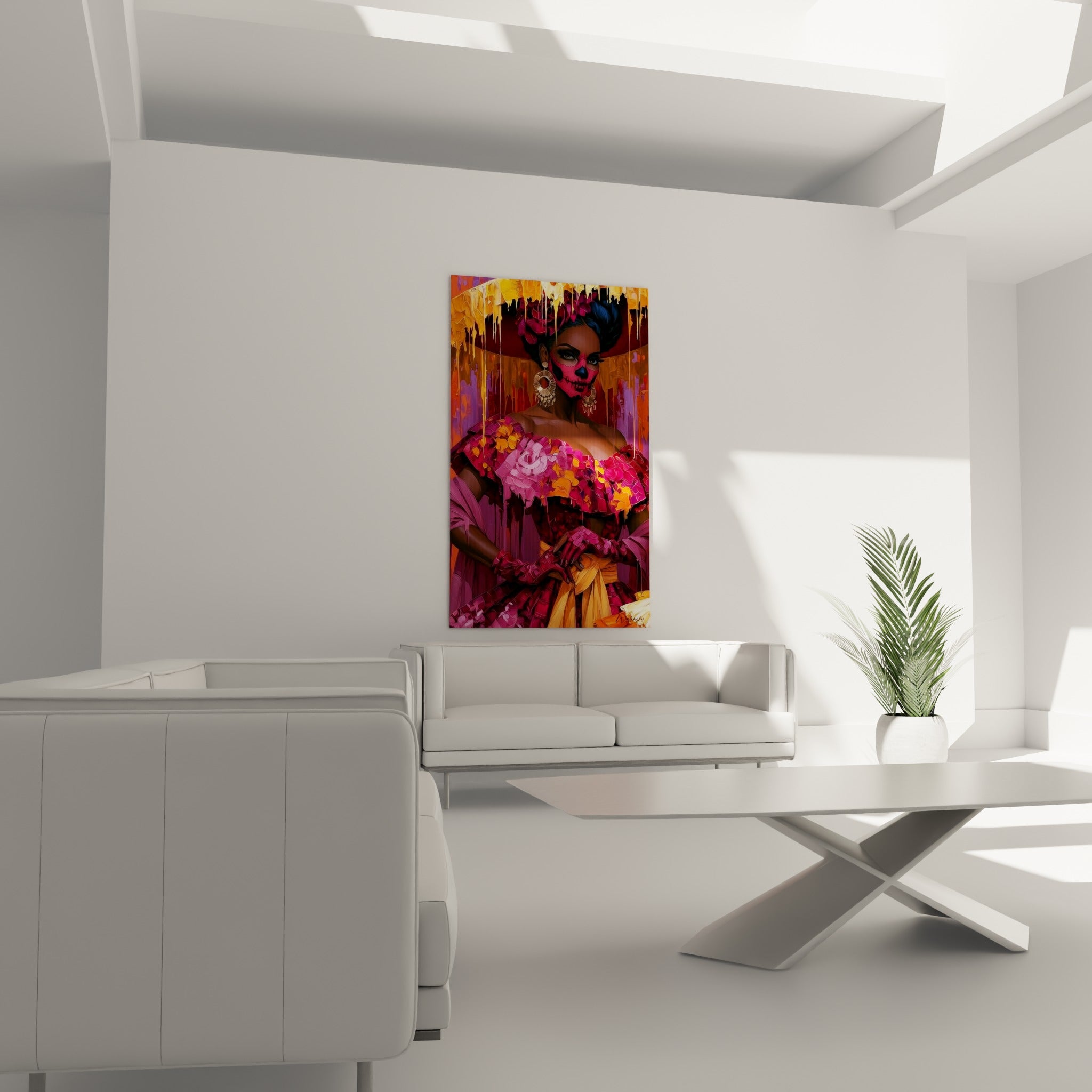 Portrait mexicain aux teintes orange et violet, boucles d'oreilles dorées, tableau Dia de los Muertos au-dessus d'un canapé dans un salon lumineux