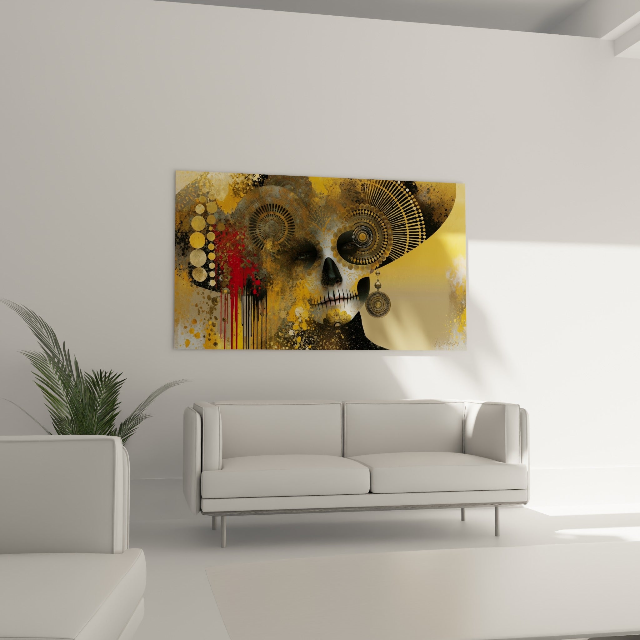 Visage squelette Dia de los Muertos en tons ocre et anthracite, au-dessus d'un canapé dans un salon lumineux