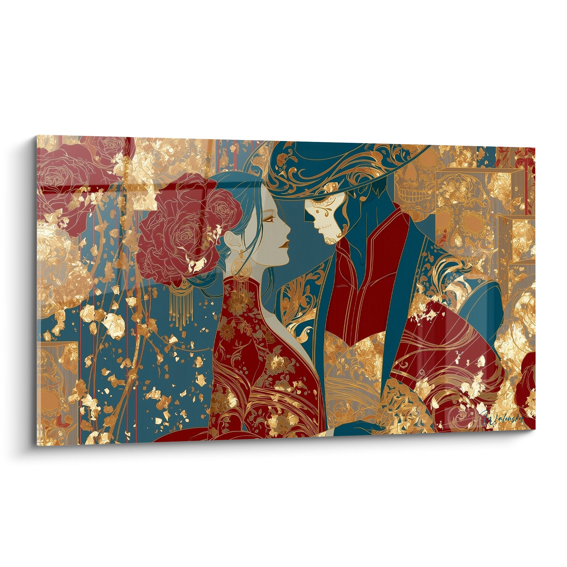 Couple stylisé bleu marine et bordeaux orné de dorures pour ce tableau Dia de los Muertos