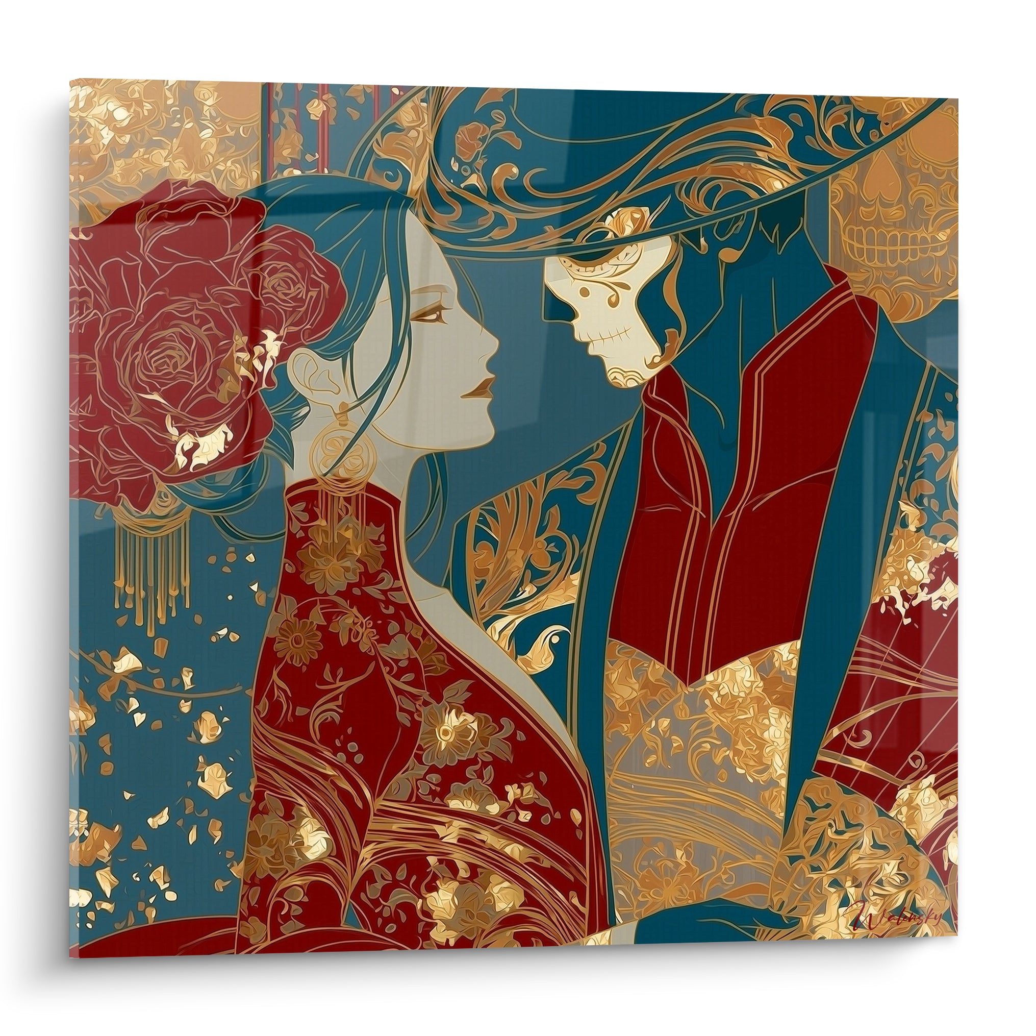 Couple stylisé Dia de los Muertos, robe rouge et manteau bleu marine, motifs dorés et rose rouge