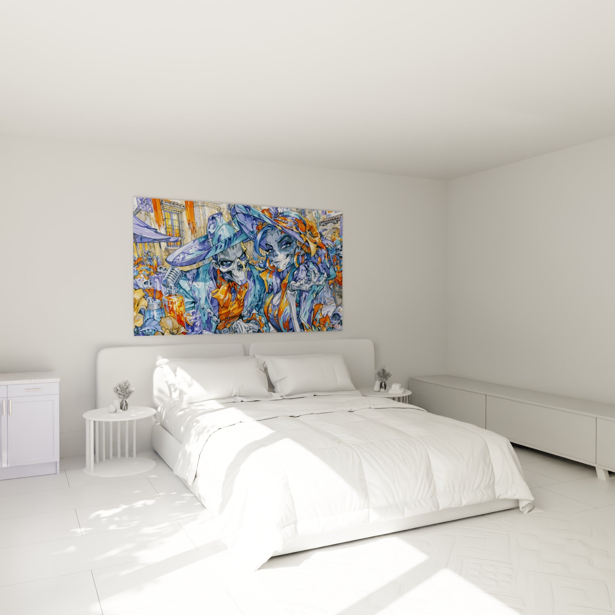 Couple de catrinas bleu marine et orange enlacé, accroché au-dessus d'un lit dans une chambre claire