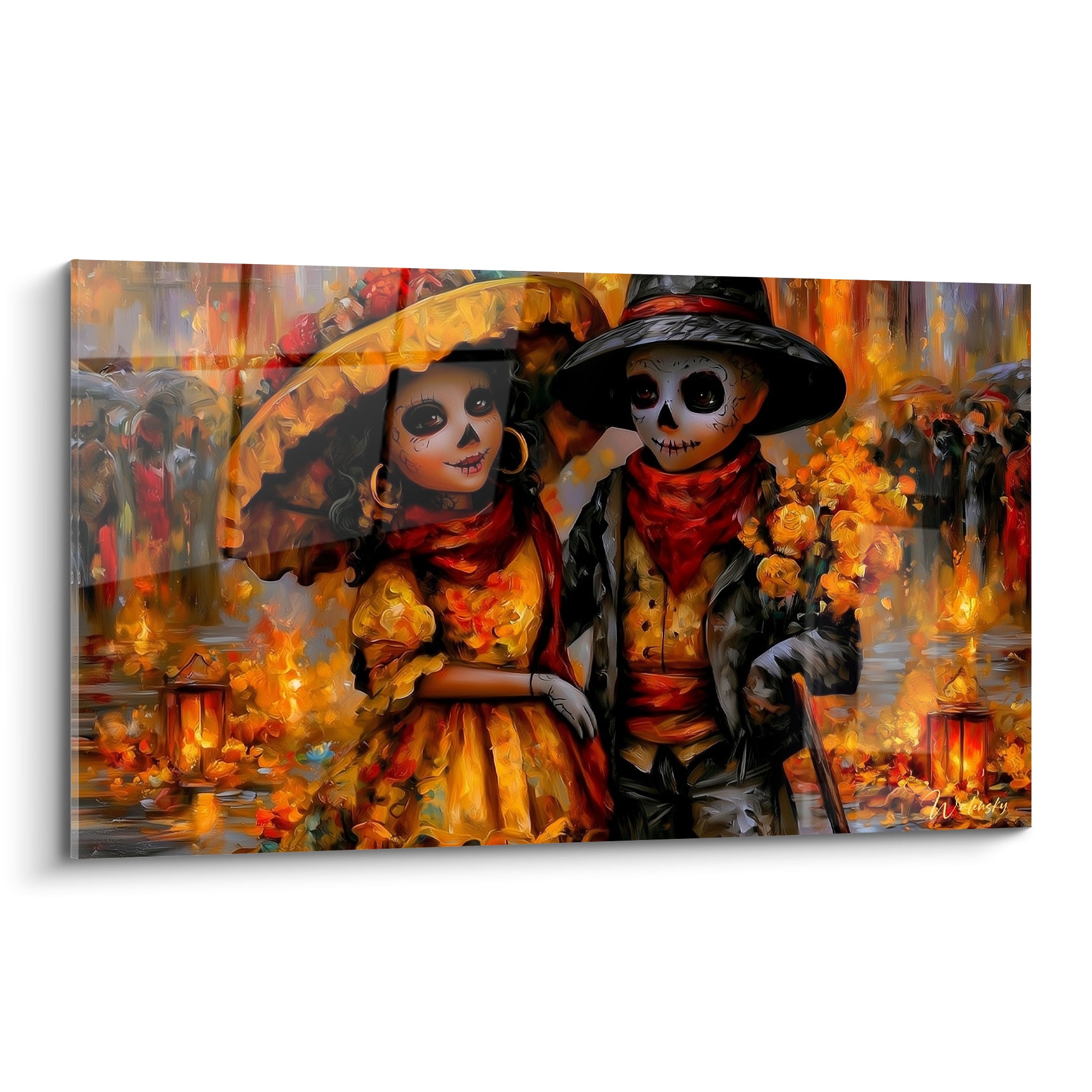 Couple squelette doré et écarlate en cortège Dia de los Muertos, lanternes flamboyantes