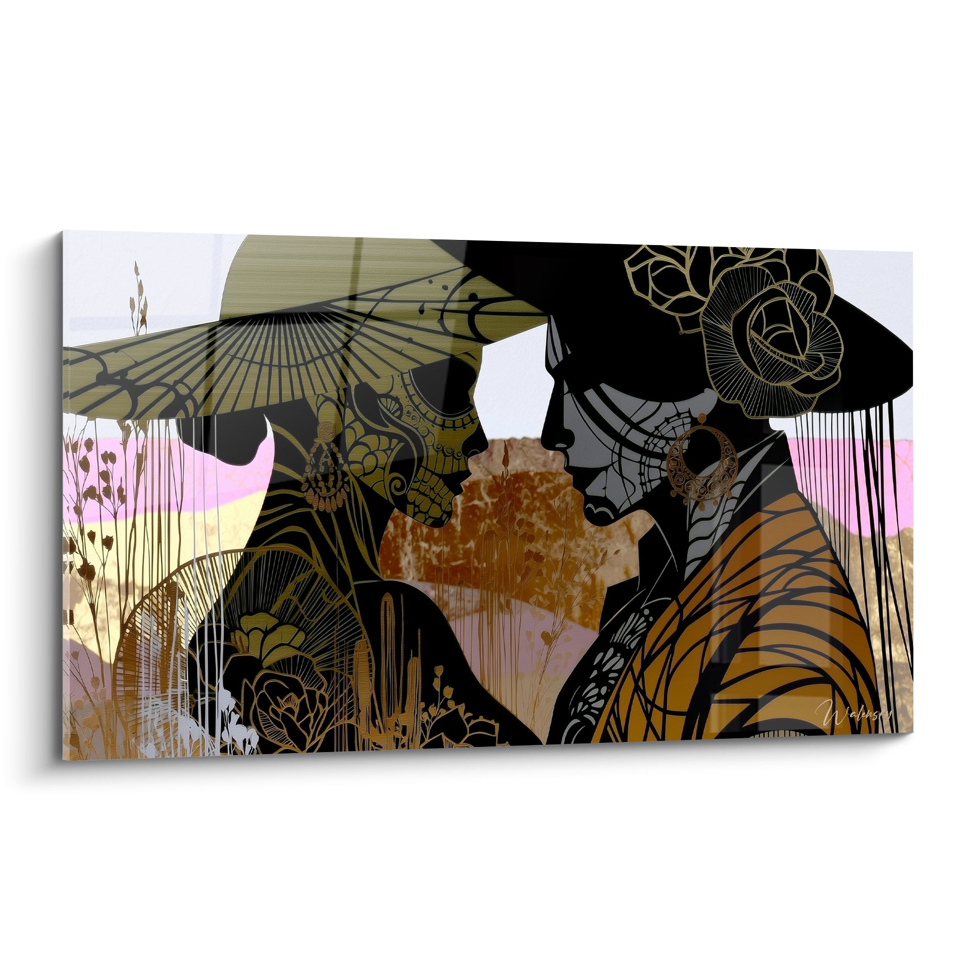 Couple Dia de los Muertos aux visages noirs et dorés, front contre front sur fond ocre et rose