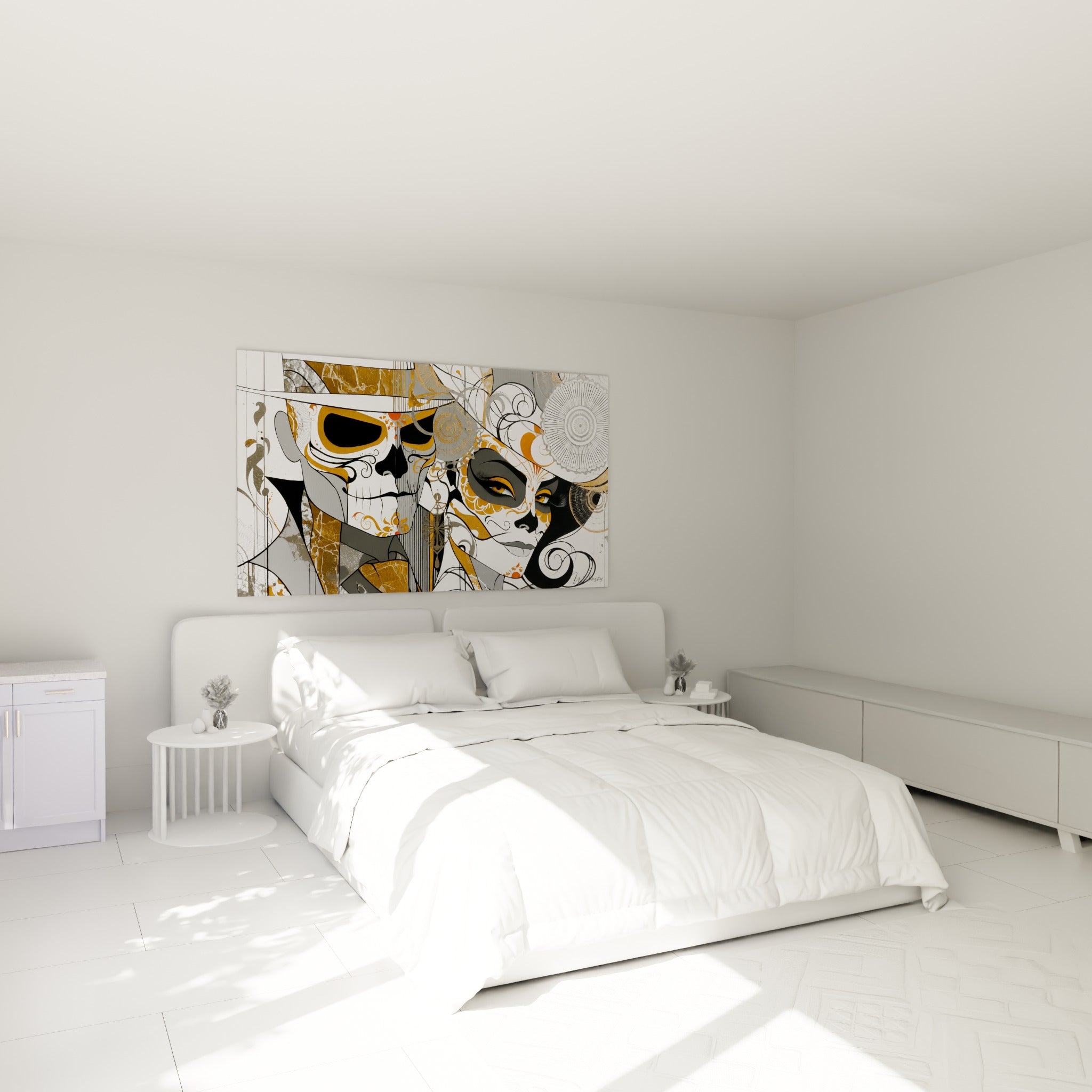 Visages masqués dorés et anthracite du Dia de los Muertos, accrochés au-dessus d'un lit dans une chambre claire