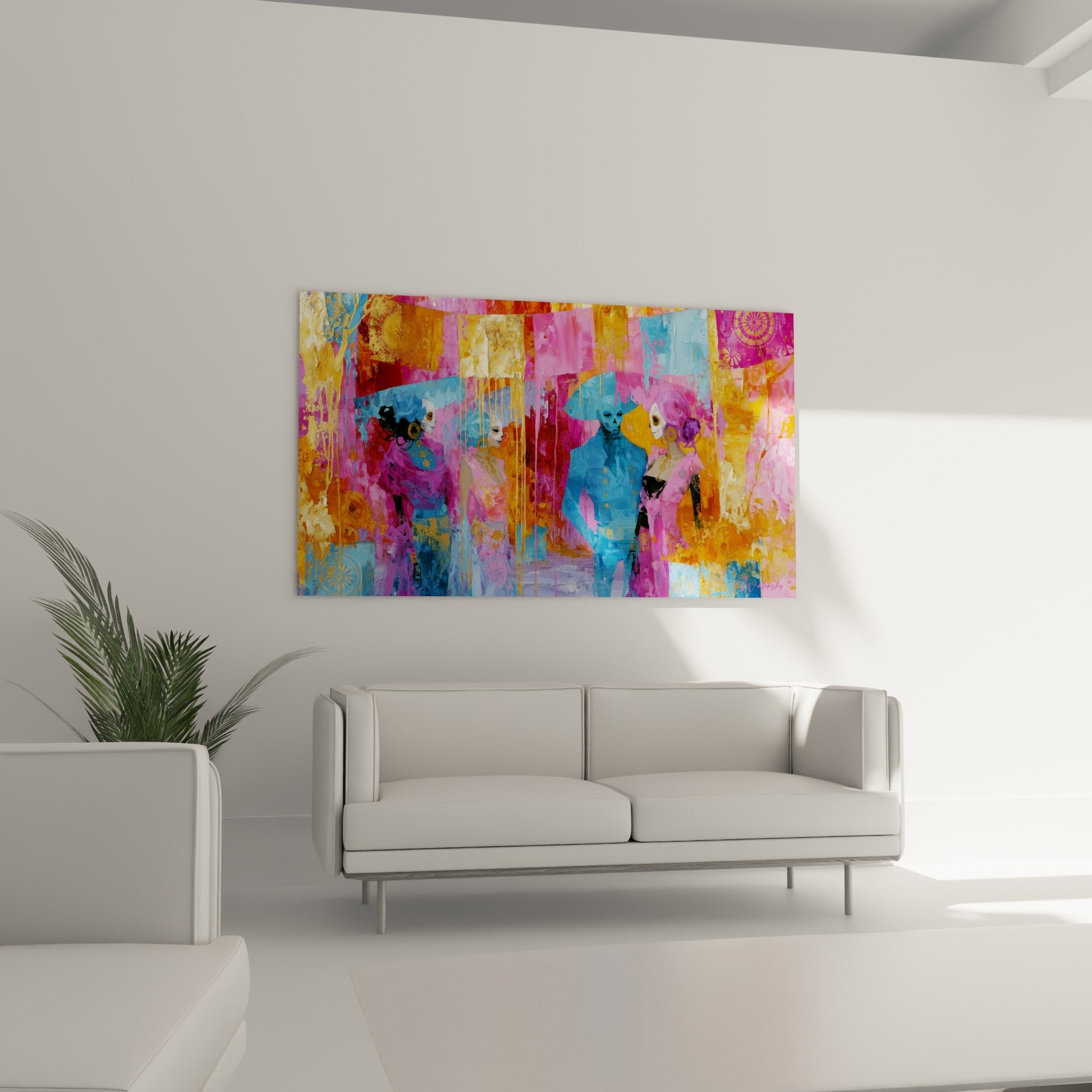 Visages peints en crâne, tableau Dia de los Muertos ocre et fuchsia au-dessus d'un canapé dans un salon lumineux