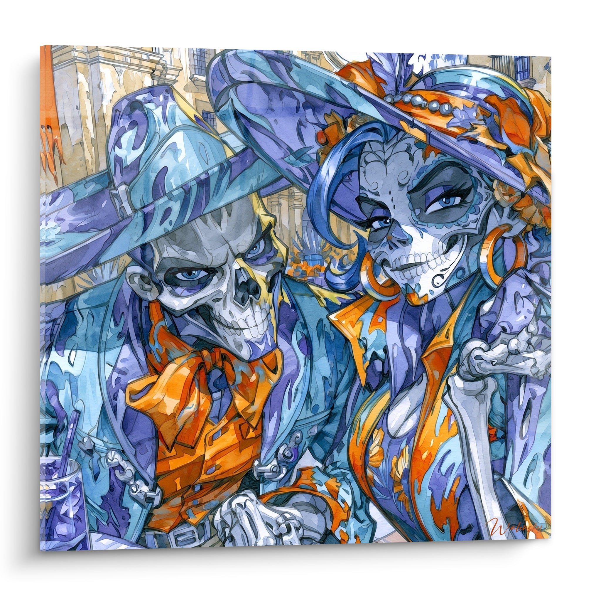 Couple de squelettes Dia de los Muertos en bleu marine et orange, chapeaux ornés, style aquarelle