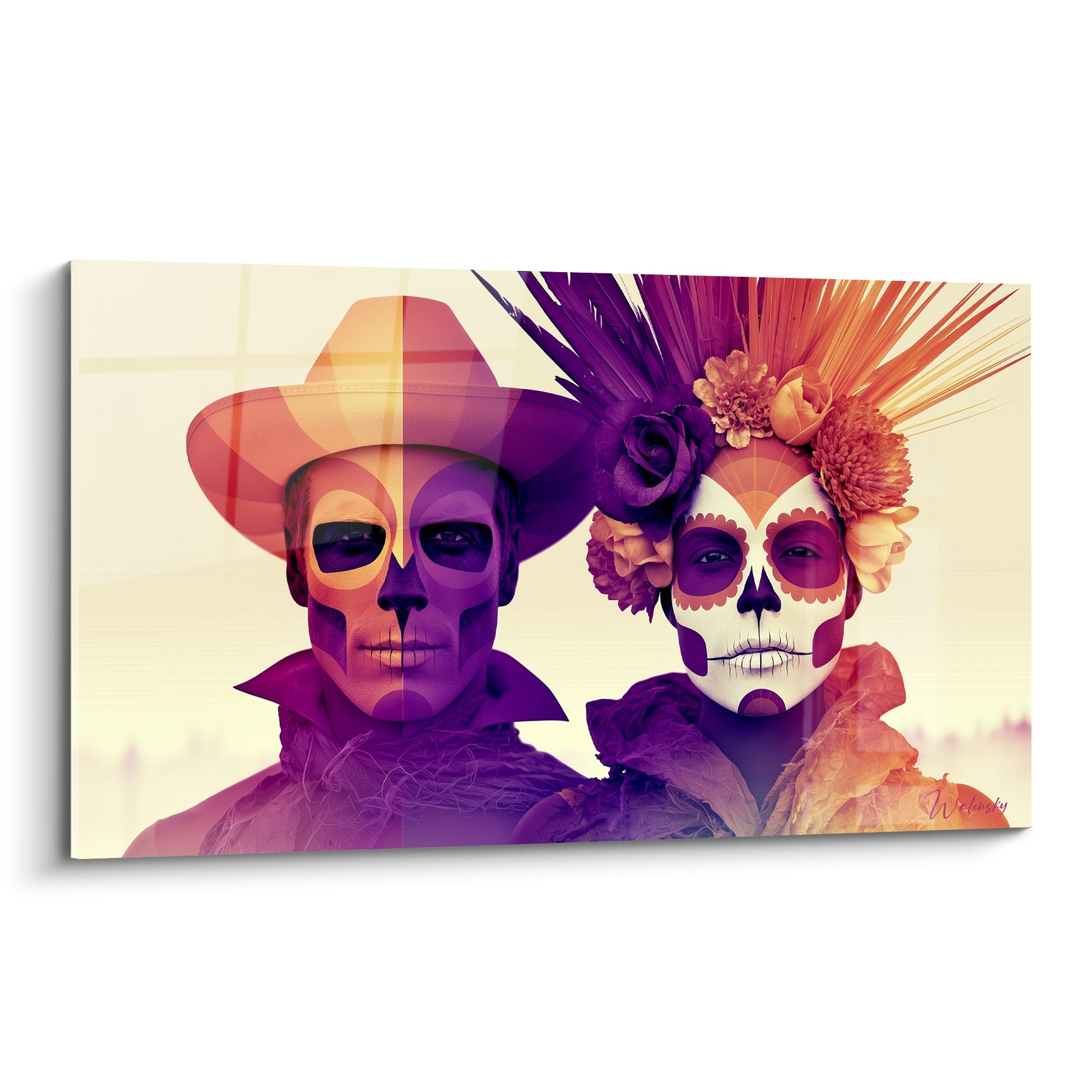 Couple aux visages peints violet et orangé, coiffe florale bordeaux, style Dia de los Muertos graphique