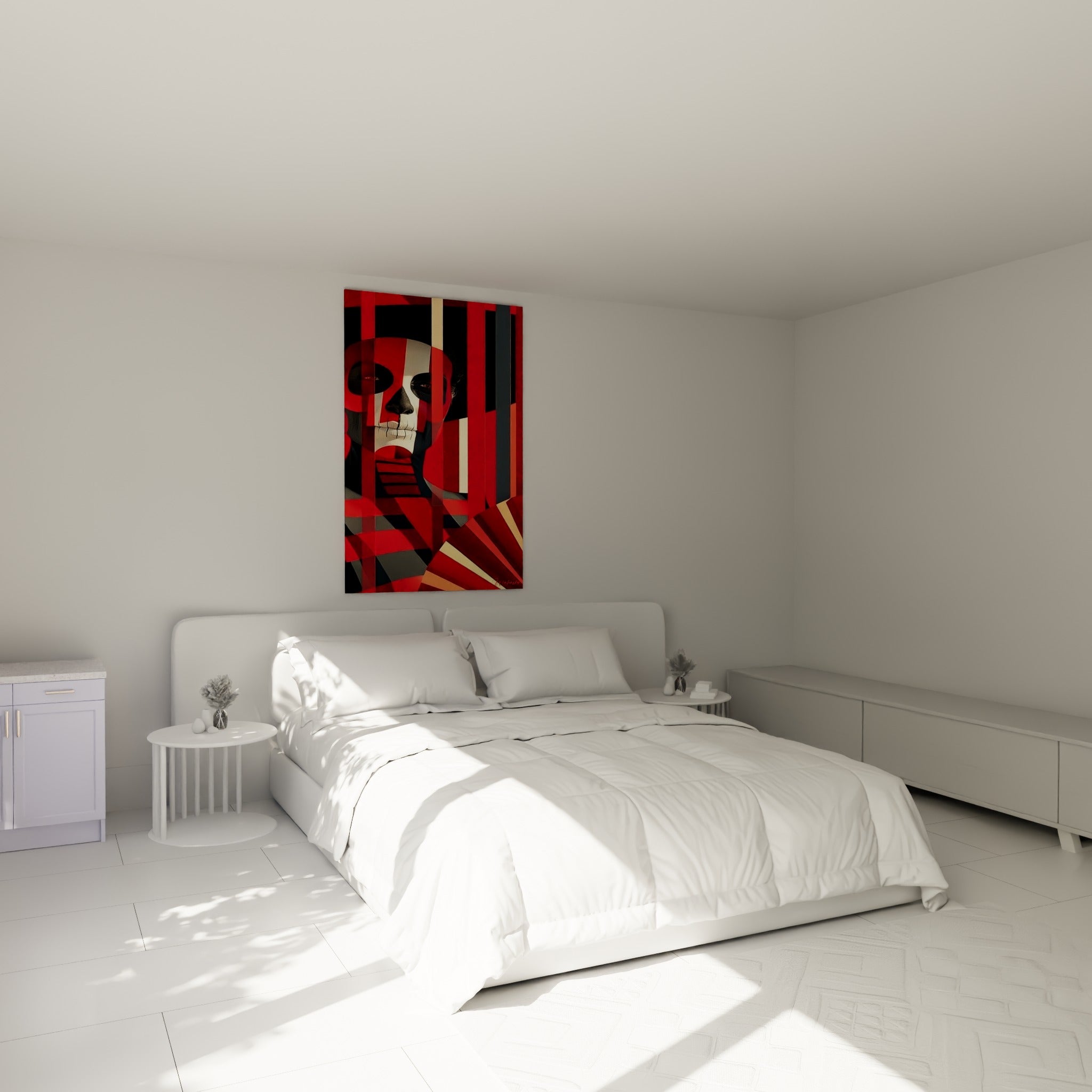 Crâne peint Dia de los Muertos rouge et anthracite accroché au-dessus d'un lit dans une chambre claire
