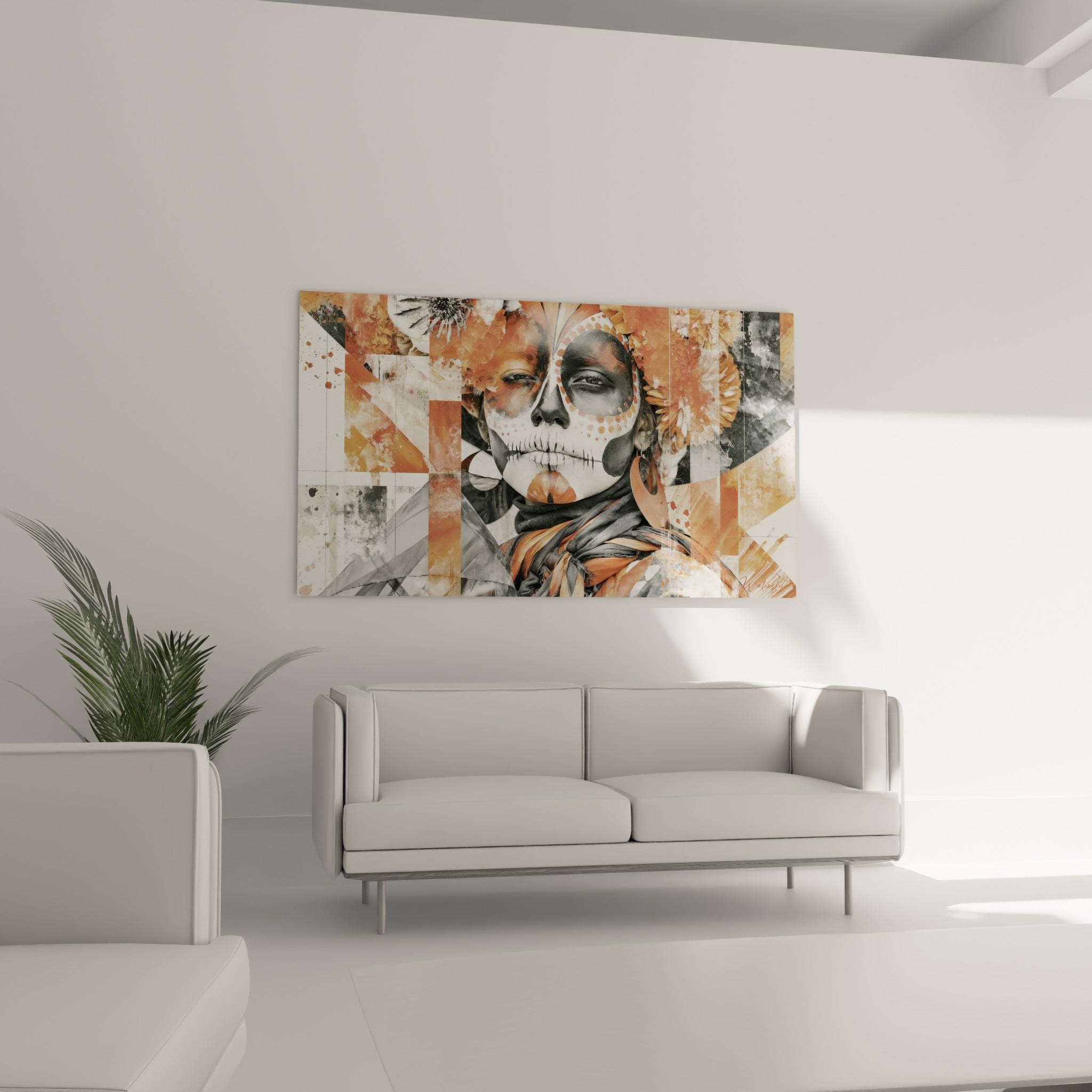 Sujet Dia de los Muertos aux fleurs ocre encadrant un visage peint, au-dessus d'un canapé dans un salon lumineux