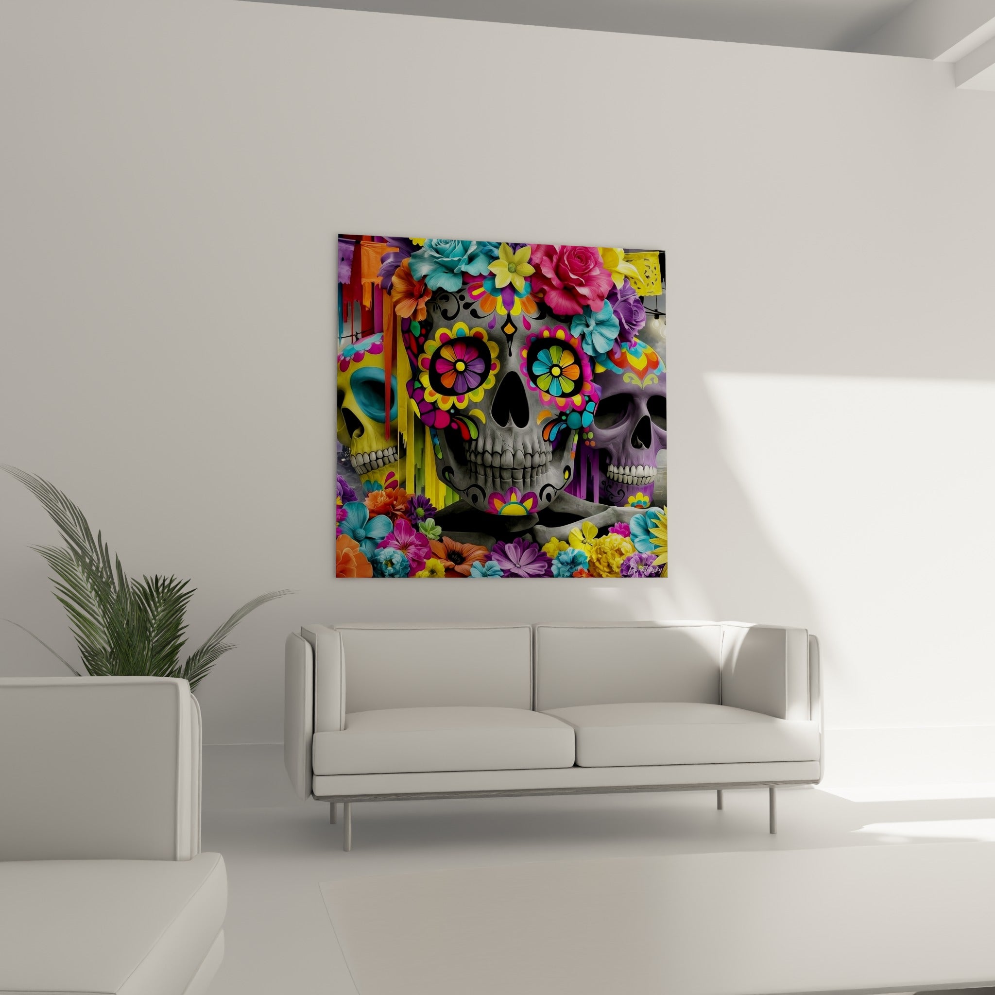 Fleurs turquoise et roses couronnant un crâne anthracite, œuvre Dia de los Muertos au-dessus d'un canapé dans un salon lumineux