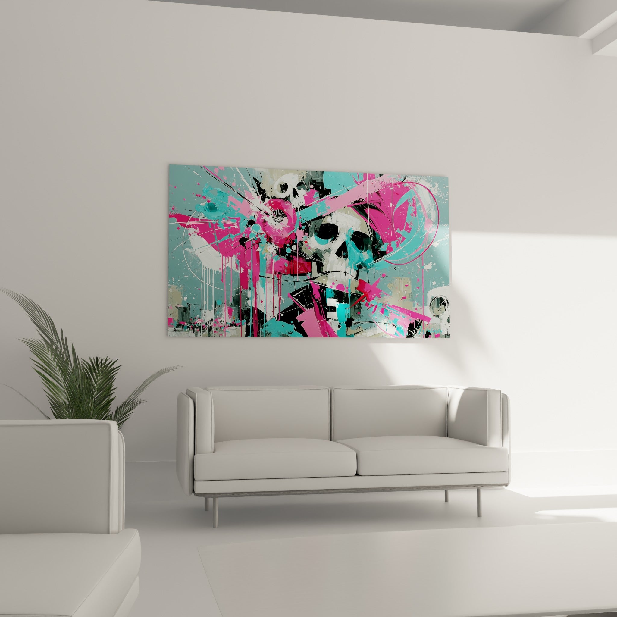 Crâne mexicain aux teintes fuchsia et anthracite, tableau Dia de los Muertos au-dessus d'un canapé dans un salon lumineux