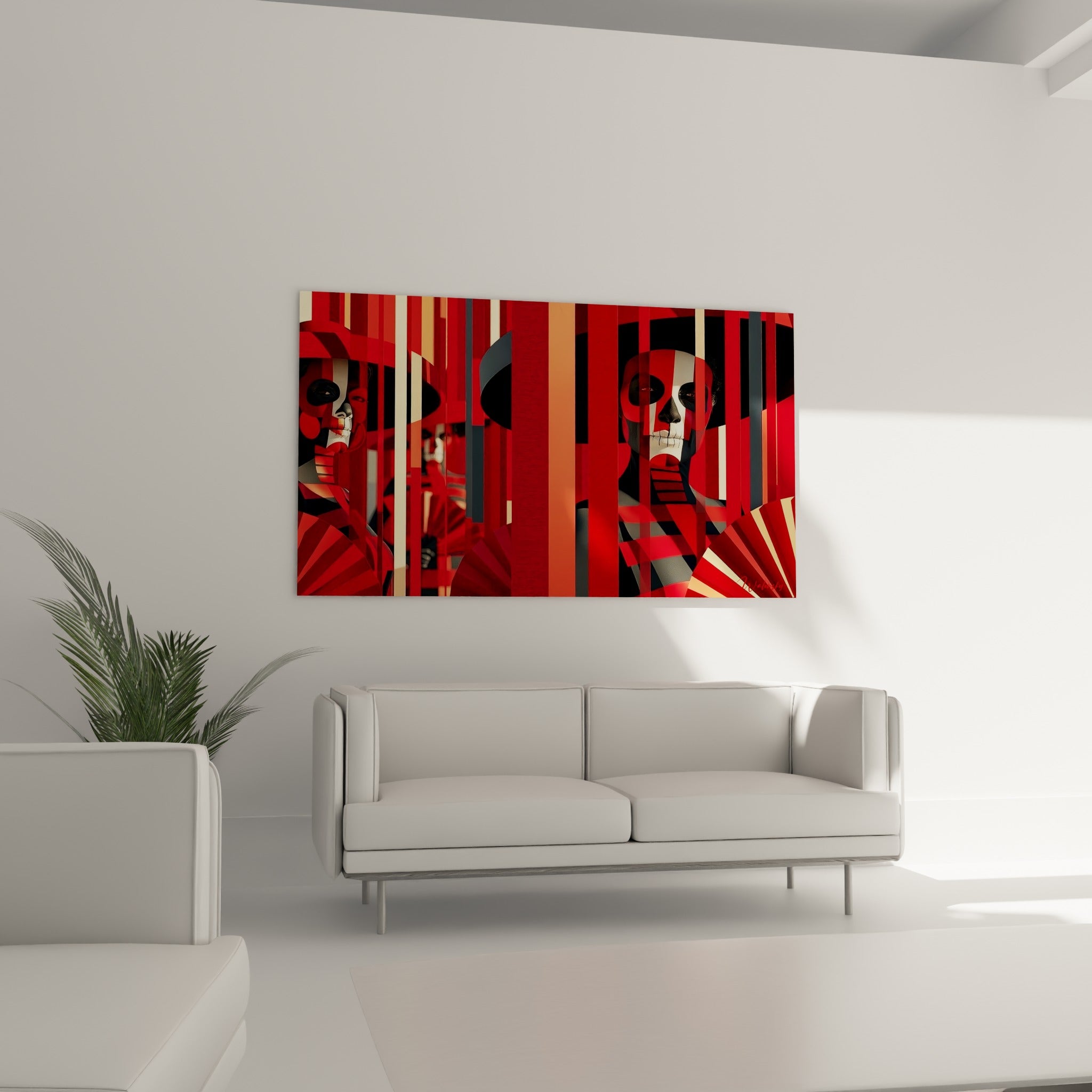 Visages fragmentés rouge et anthracite de ce tableau Dia de los Muertos, au-dessus d'un canapé dans un salon lumineux