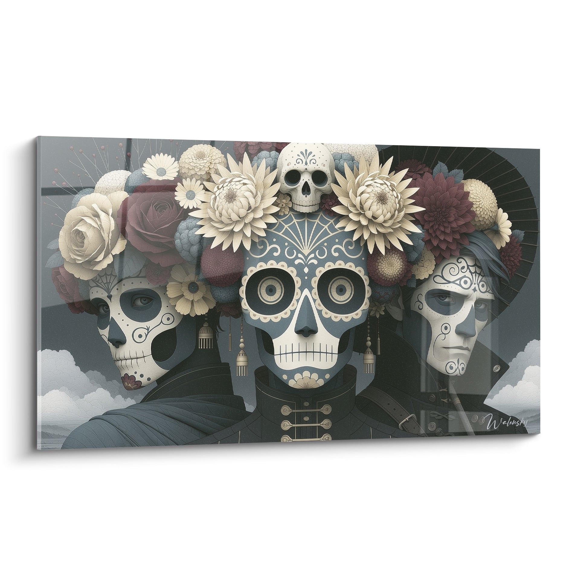 Trois crânes Dia de los Muertos bleu ardoise et ivoire couronnés de fleurs bourgogne