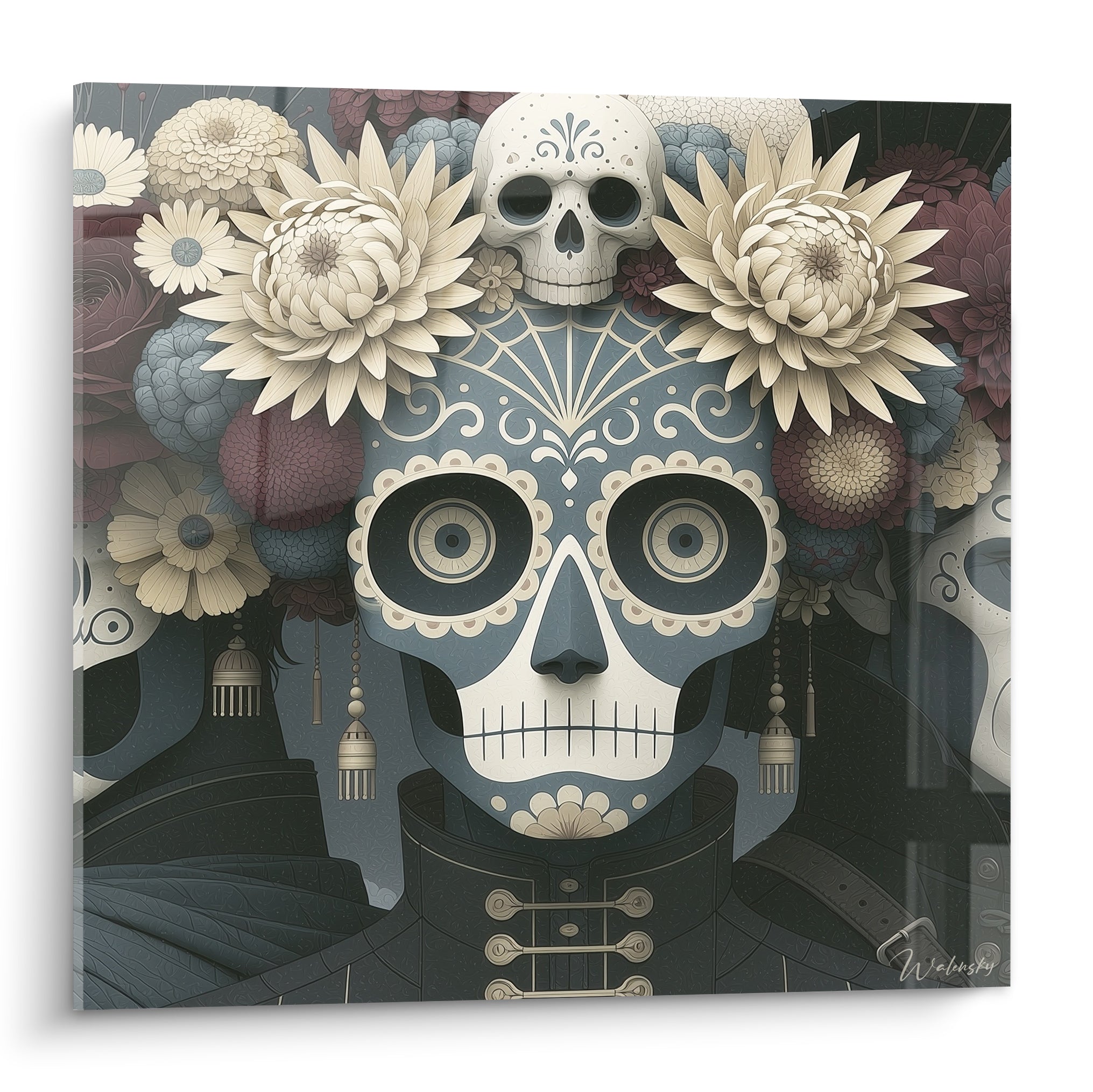 Crâne bleu ardoise orné de fleurs ivoire et bordeaux, motifs graphiques Dia de los Muertos détaillés