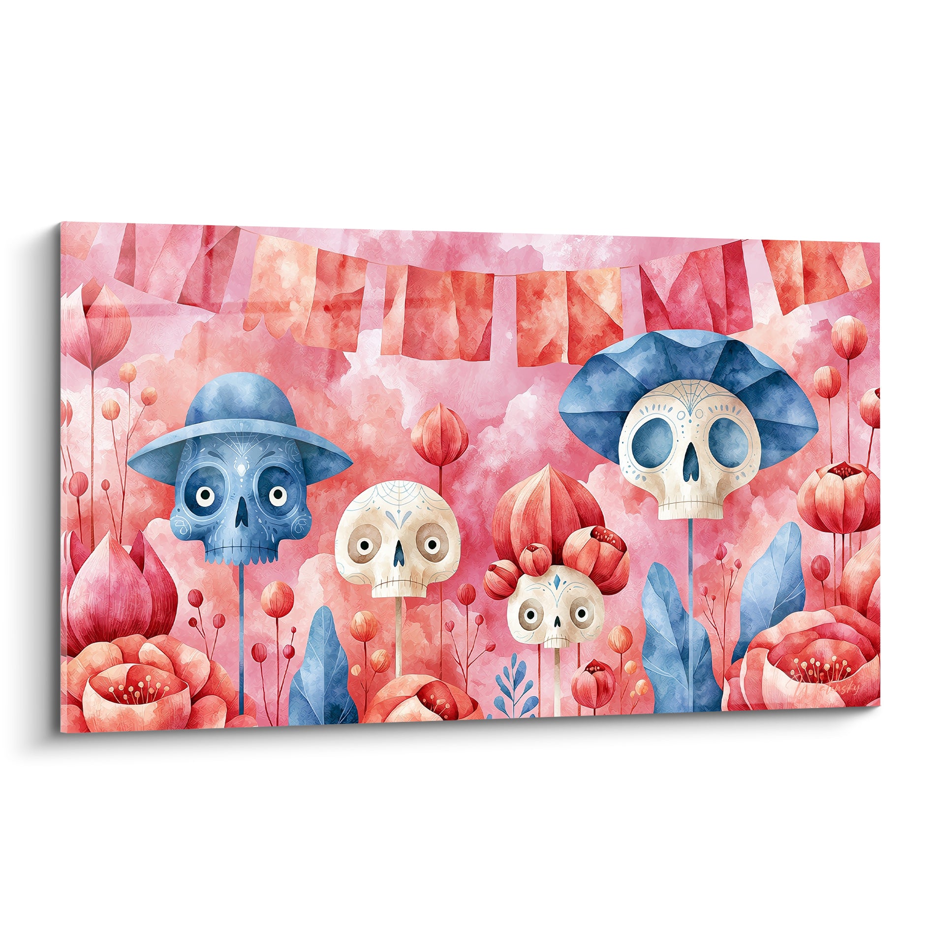 Crânes ornés bleu marine et blancs perchés sur tiges florales roses et corail, style aquarelle