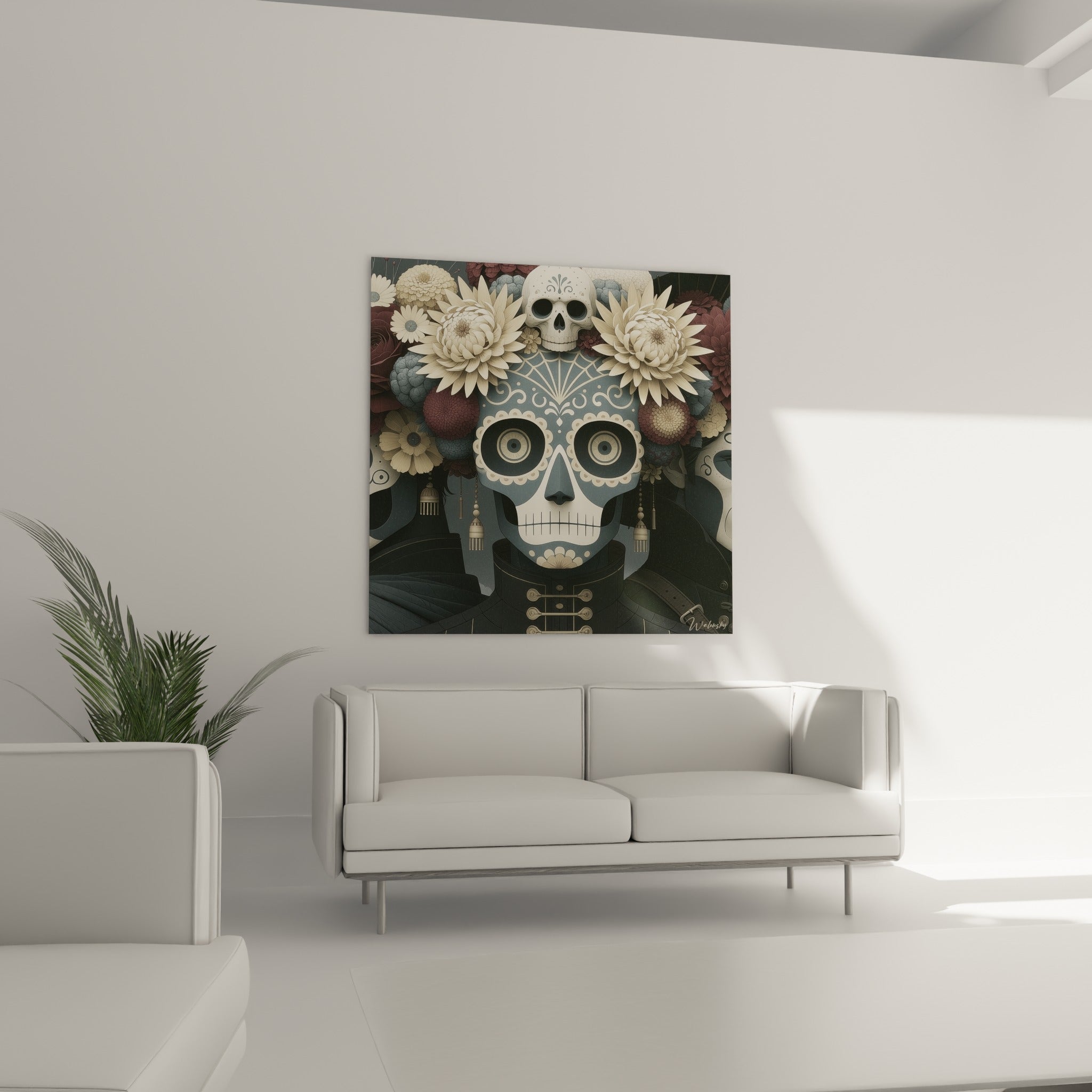 Visage de crâne orné entouré de dahlias bordeaux du Dia de los Muertos au-dessus d'un canapé dans un salon lumineux