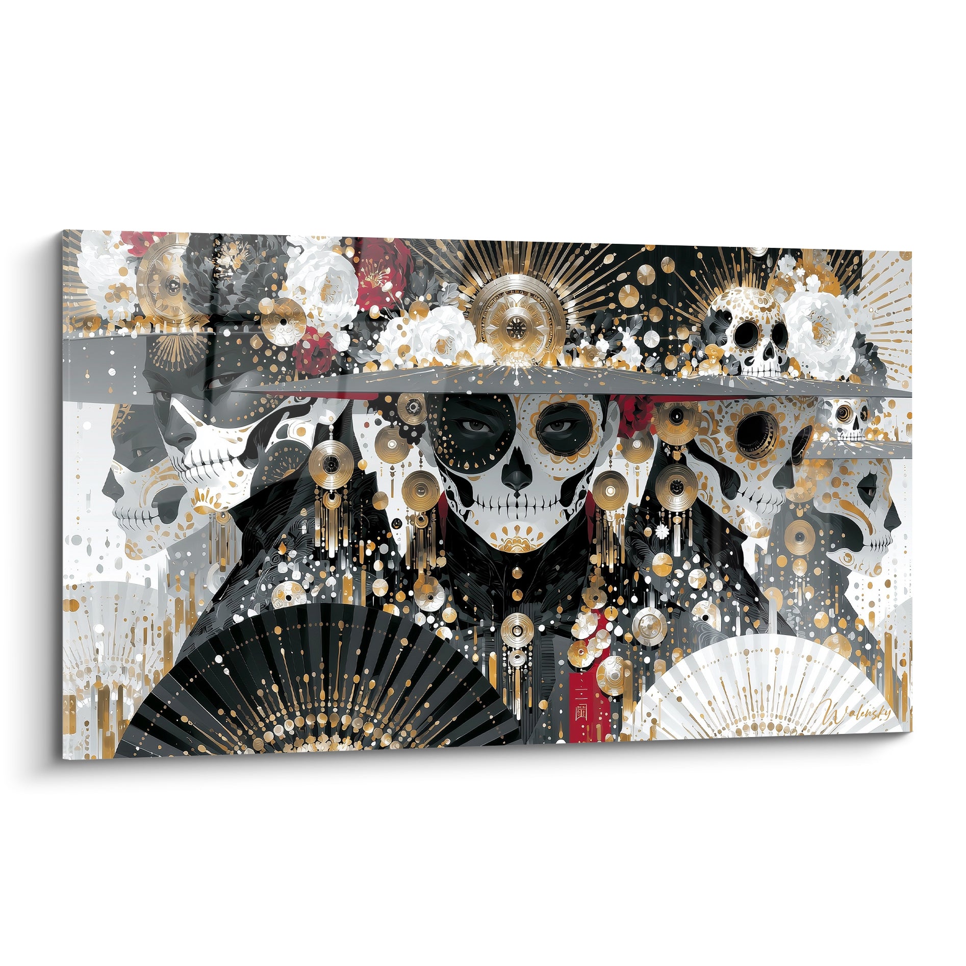 Crânes maquillés dorés et fleurs blanches composent ce tableau Dia de los Muertos anthracite et or