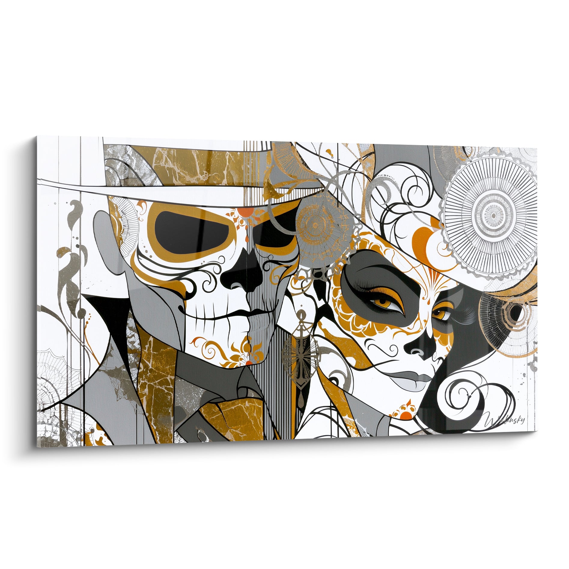 Crânes peints Dia de los Muertos en doré, gris anthracite et blanc, visages superposés graphiques