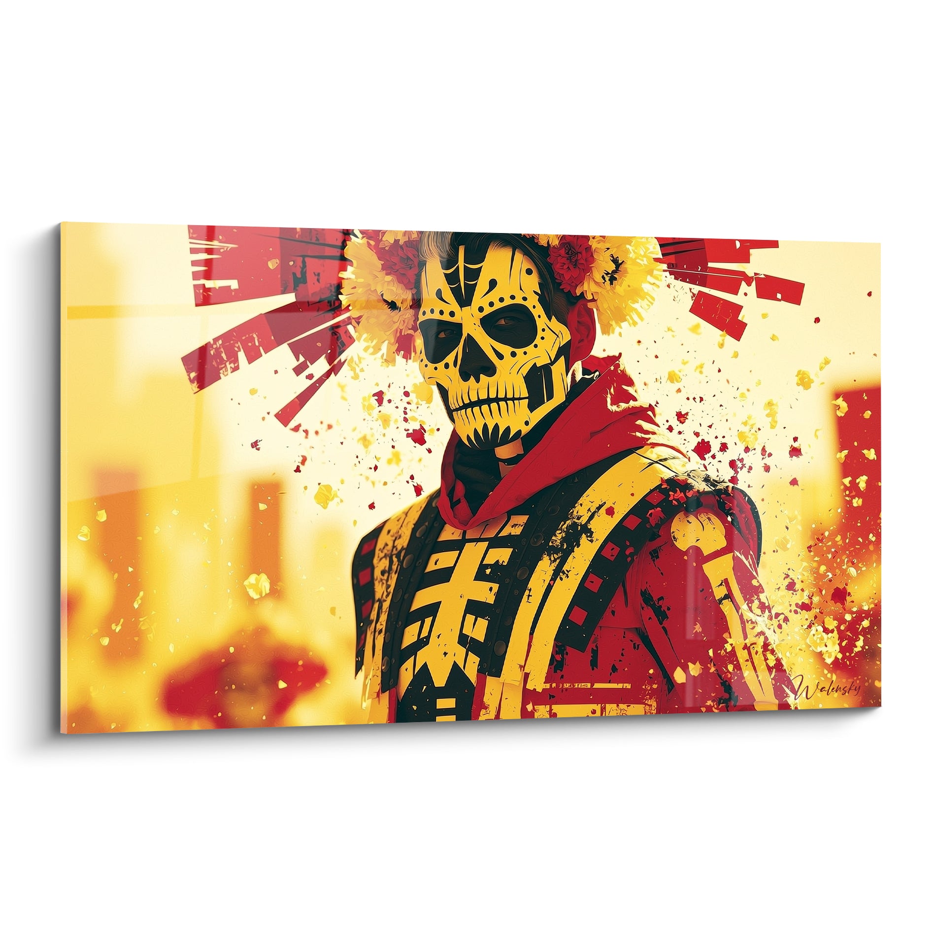 Visage crâne doré aux motifs rituels, écharpe rouge, fond éclaté jaune et rouge du Dia de los Muertos