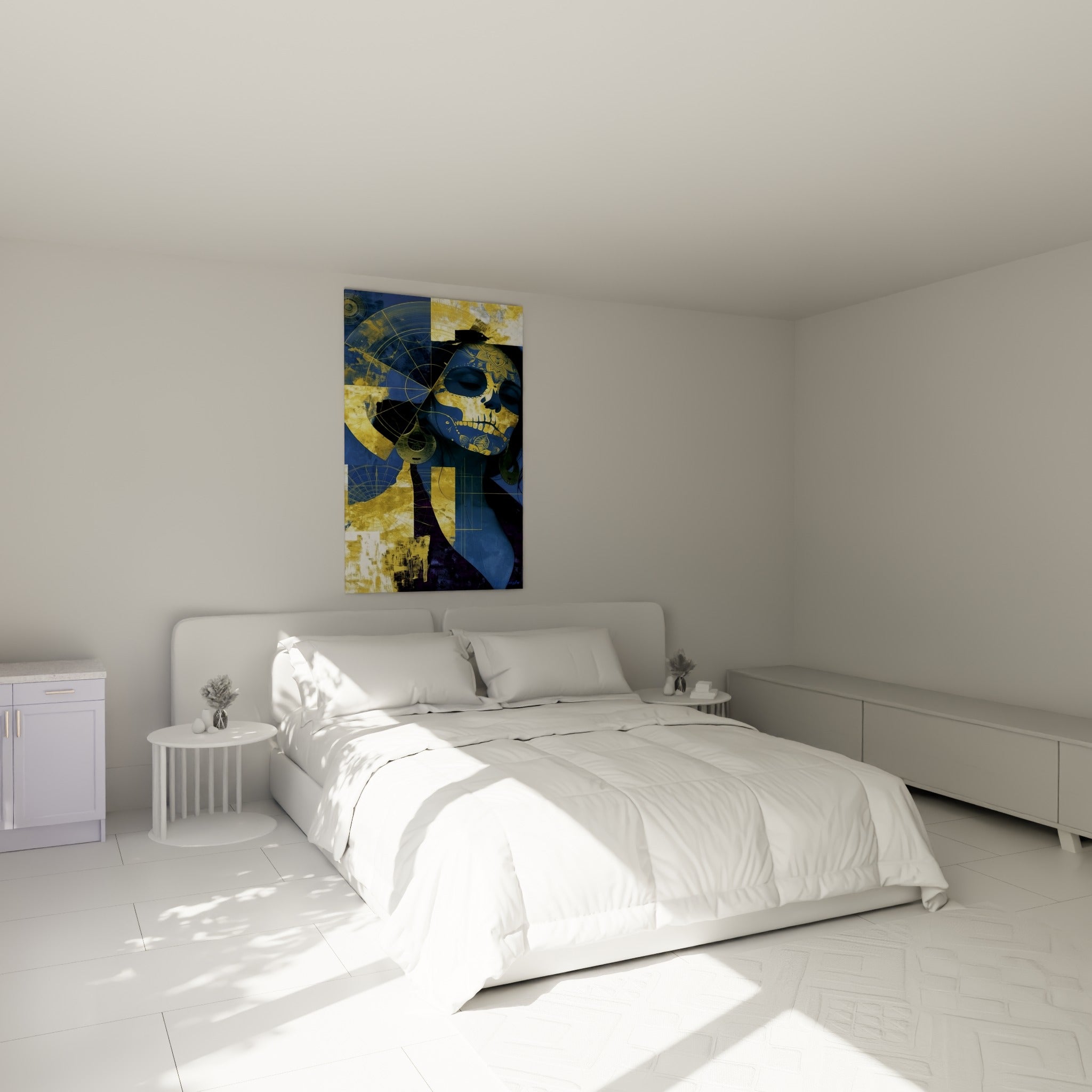 Portrait Dia de los Muertos bleu et or au-dessus d'un lit dans une chambre claire