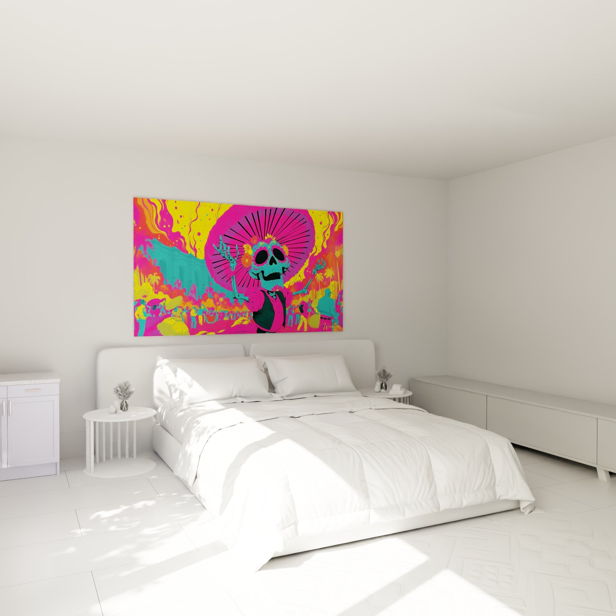 Crâne orné de fleurs oranges et ombrelle rose éclatante au-dessus d'un lit dans une chambre claire